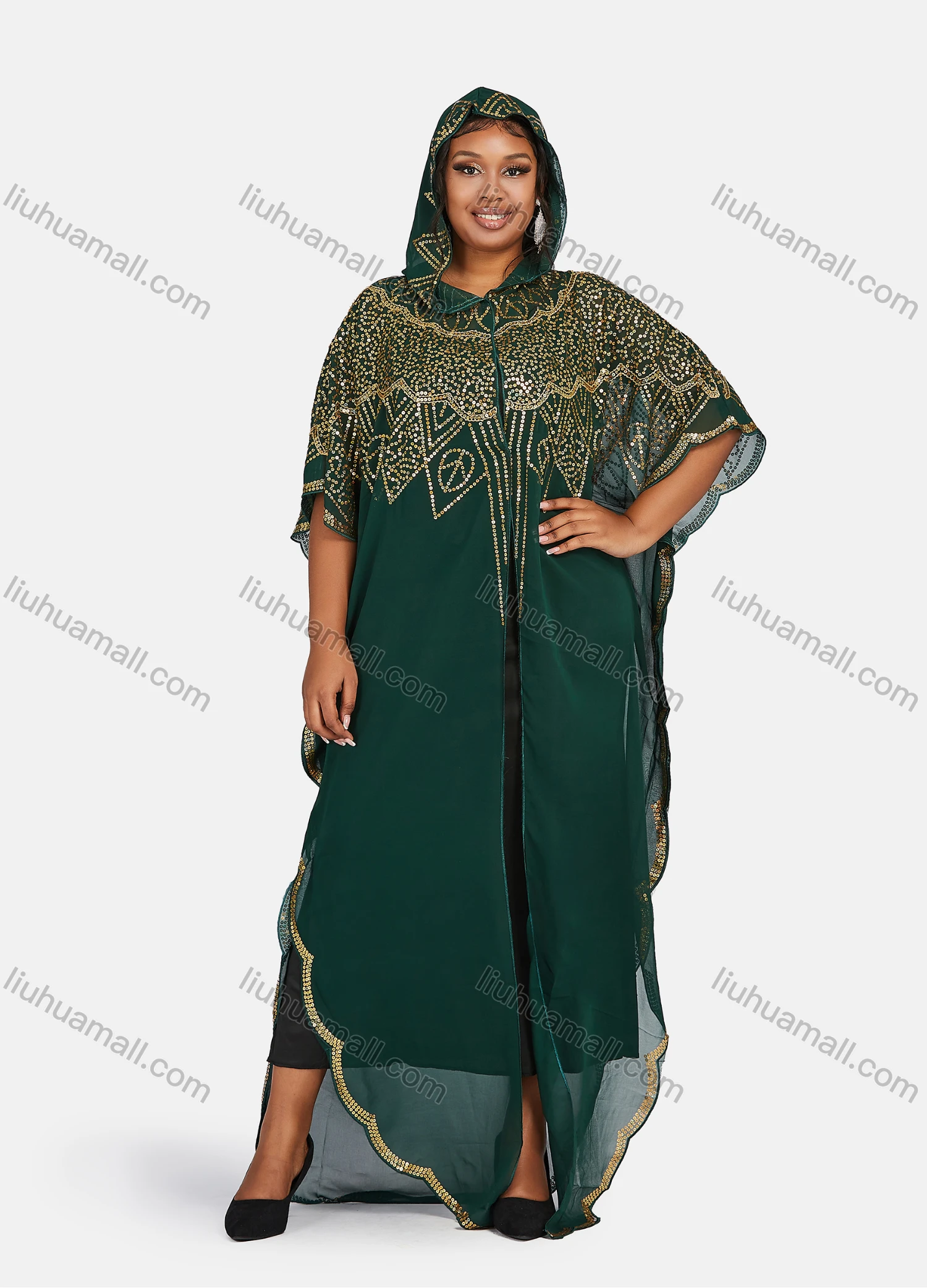 Wholesale Women's Islamic Muslim Vintage Glamorous Jellabiya Arabic Dubai Sequin Hooded Cover Up Cardigan - Liuhuamall