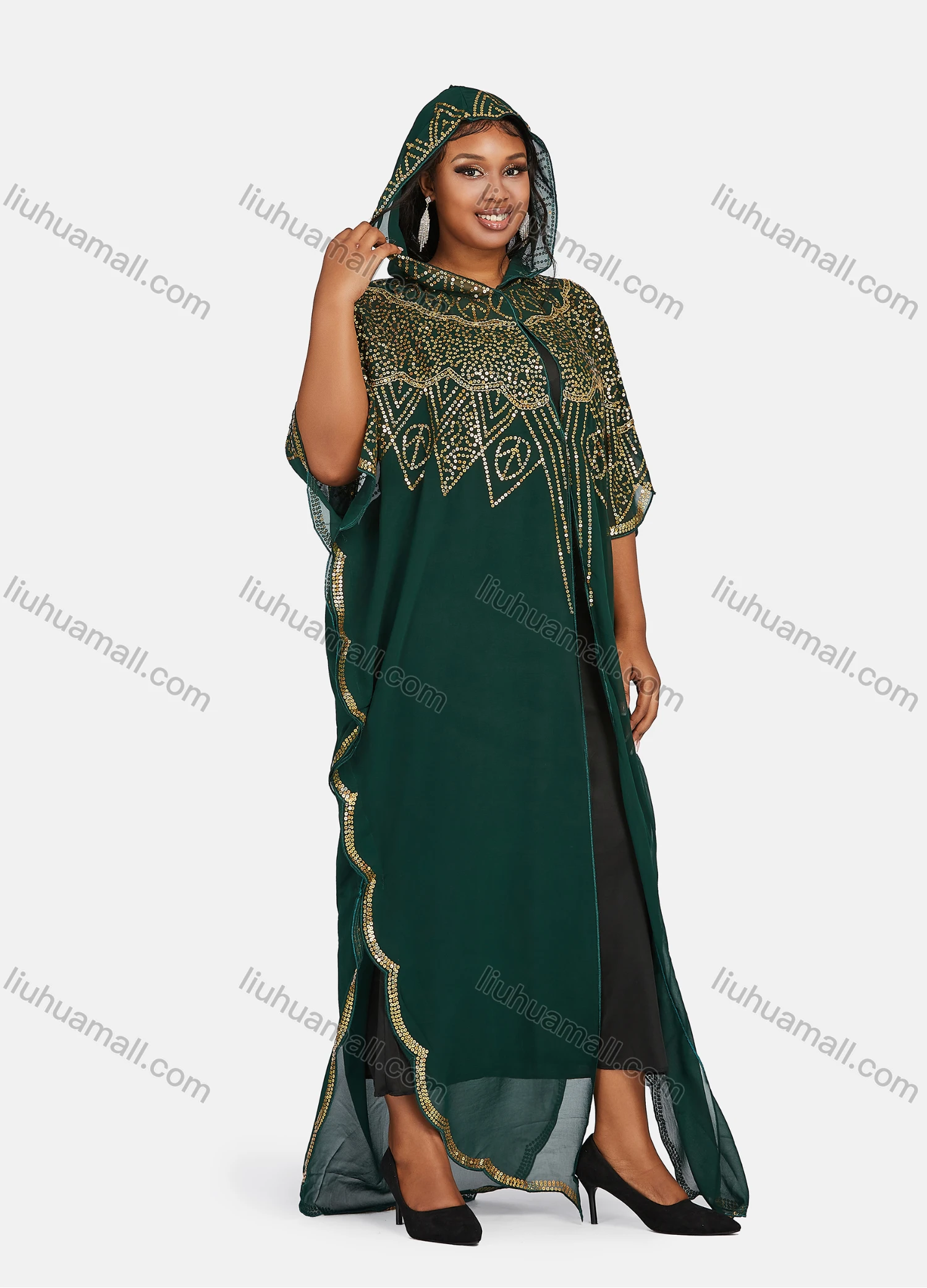 Wholesale Women's Islamic Muslim Vintage Glamorous Jellabiya Arabic Dubai Sequin Hooded Cover Up Cardigan - Liuhuamall