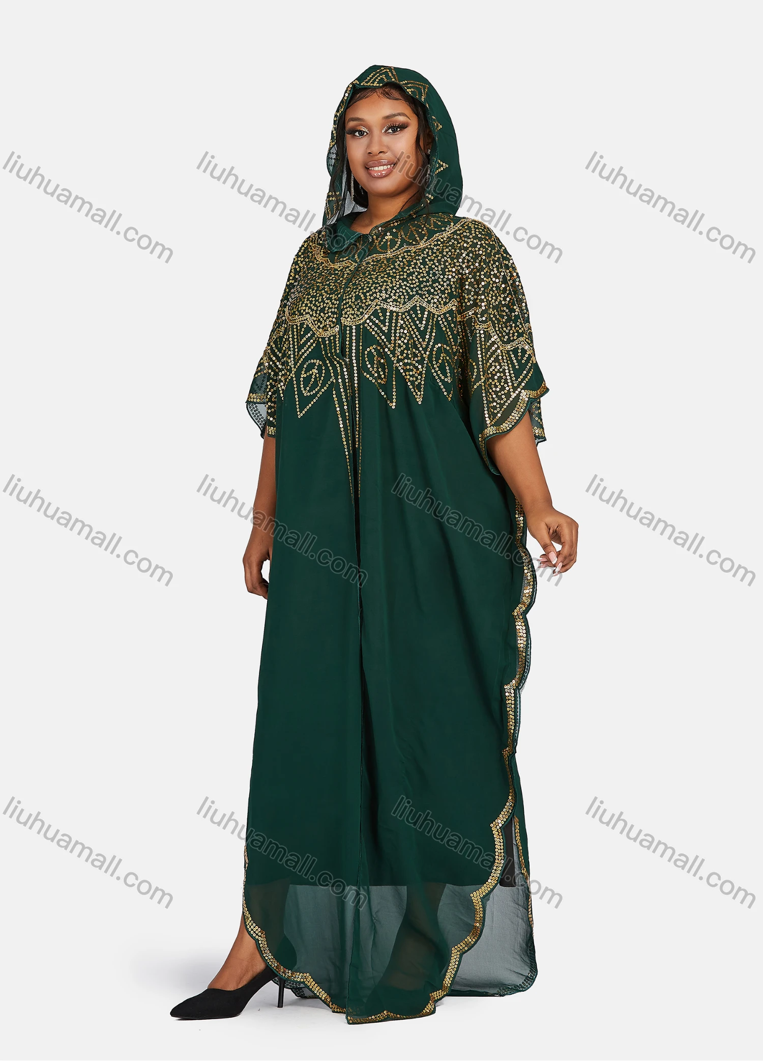 Wholesale Women's Islamic Muslim Vintage Glamorous Jellabiya Arabic Dubai Sequin Hooded Cover Up Cardigan - Liuhuamall