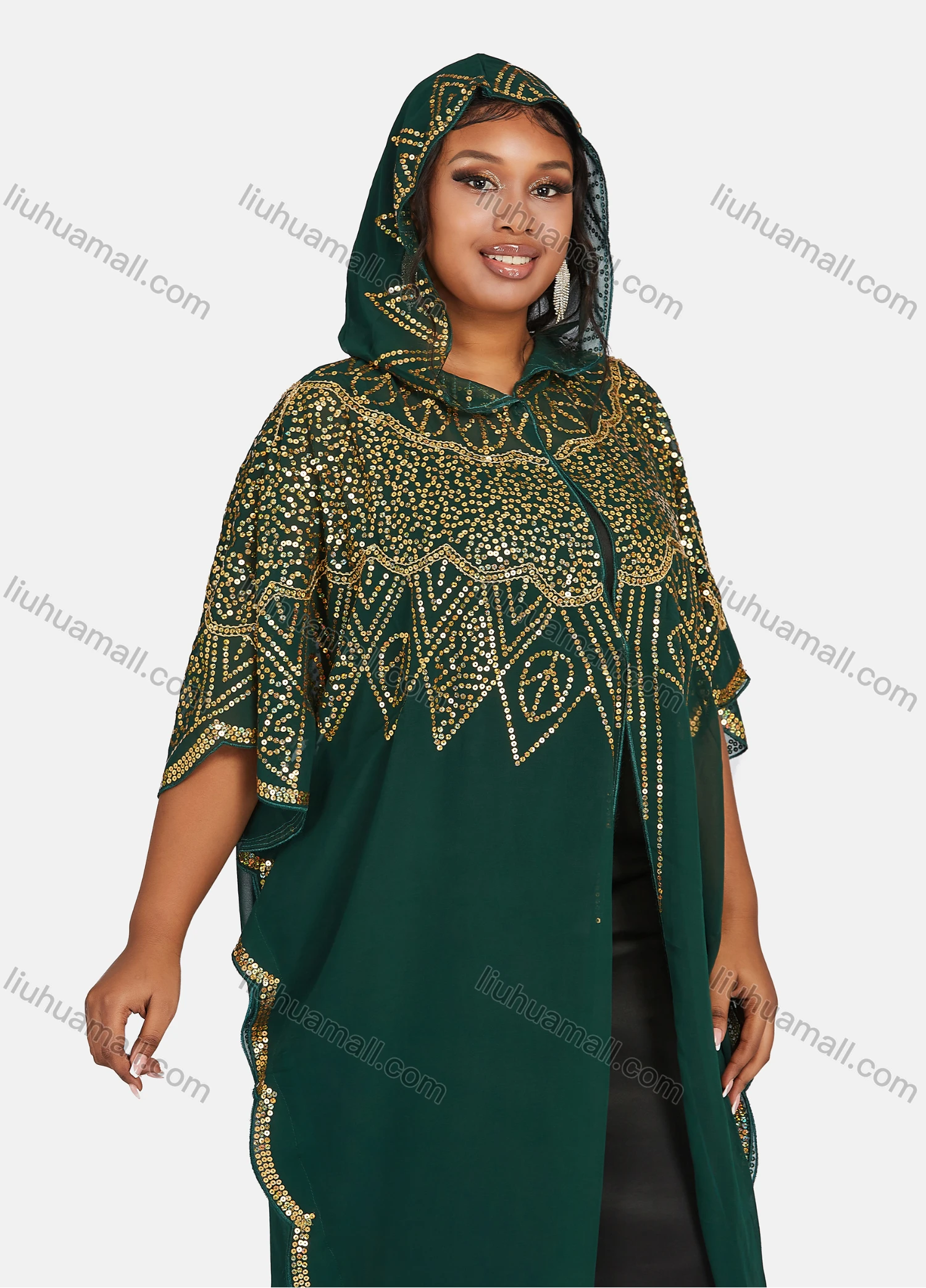 Wholesale Women's Islamic Muslim Vintage Glamorous Jellabiya Arabic Dubai Sequin Hooded Cover Up Cardigan - Liuhuamall
