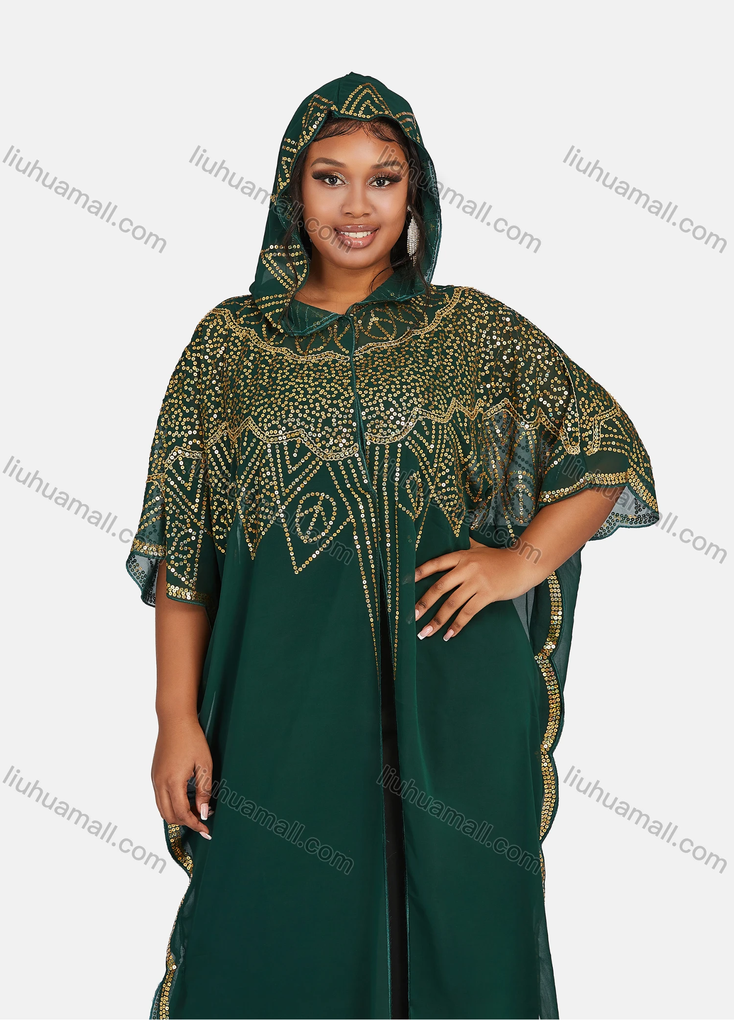 Wholesale Women's Islamic Muslim Vintage Glamorous Jellabiya Arabic Dubai Sequin Hooded Cover Up Cardigan - Liuhuamall