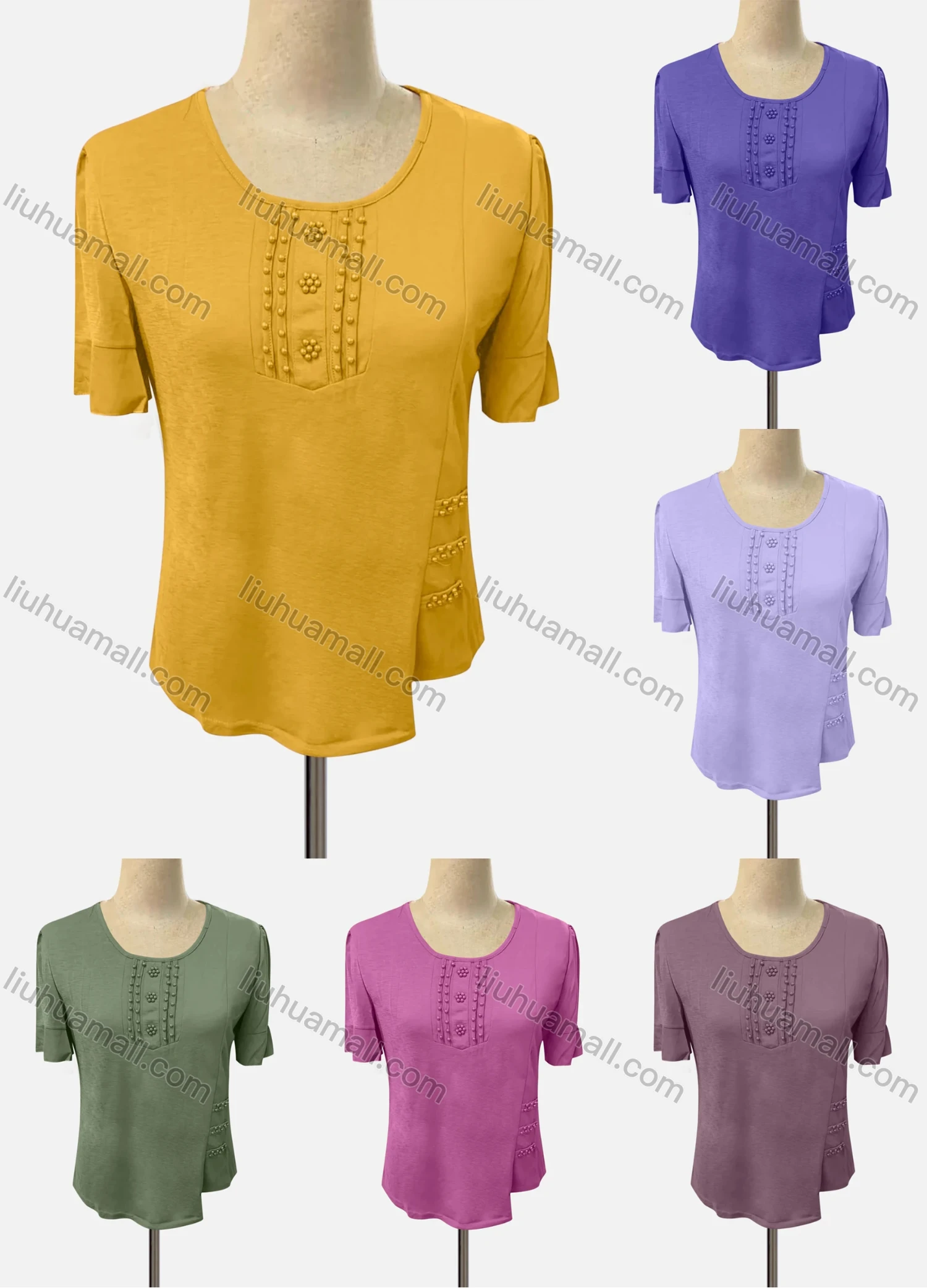 Wholesale Women's Casual Scoop Neck Short Sleeve Beaded Blouse - Liuhuamall