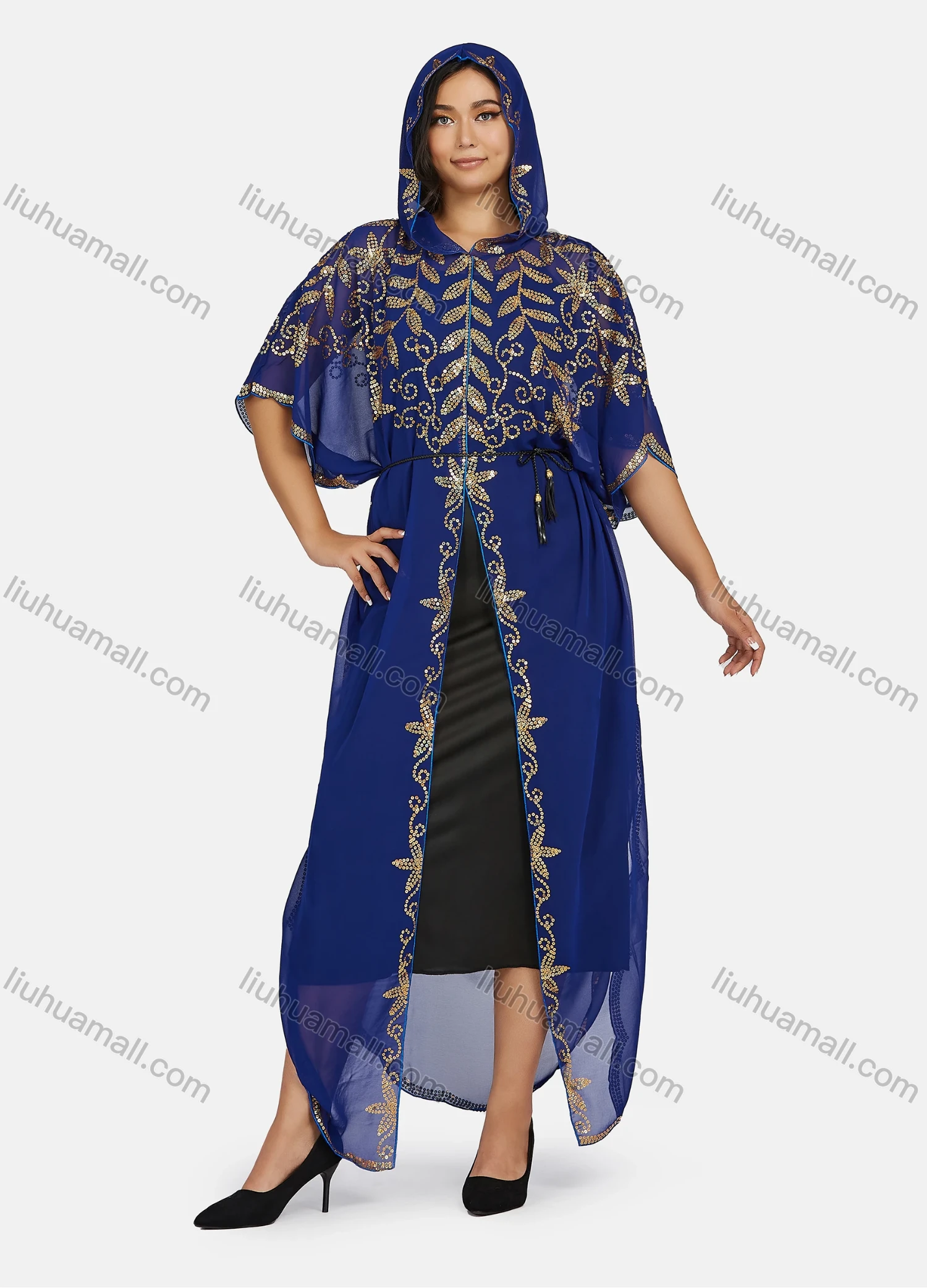 Wholesale Women's Vintage Islamic Muslim Khimar Jellabiya Arabic Dubai Sequin Hooded Kaftan Cloak - Liuhuamall