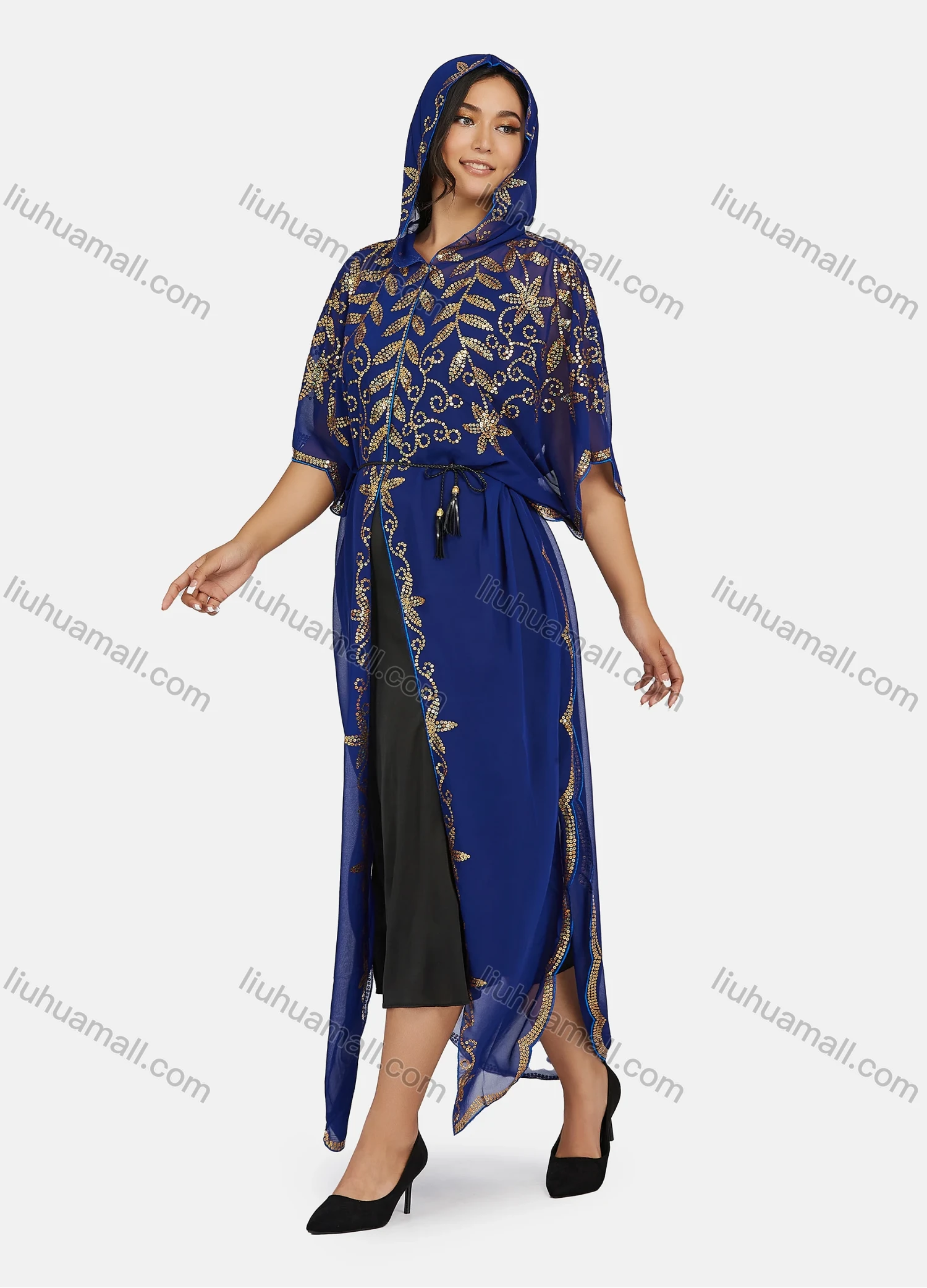 Wholesale Women's Vintage Islamic Muslim Khimar Jellabiya Arabic Dubai Sequin Hooded Kaftan Cloak - Liuhuamall