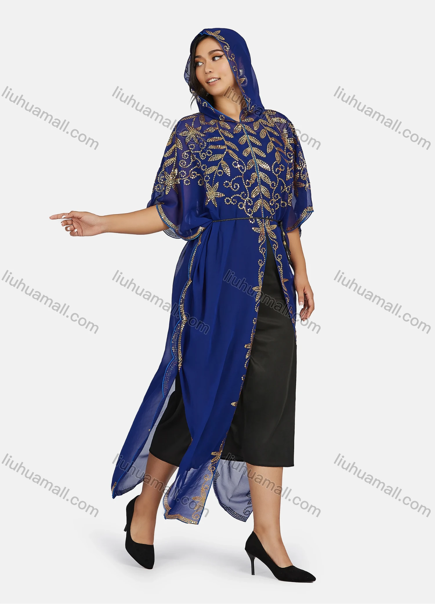 Wholesale Women's Vintage Islamic Muslim Khimar Jellabiya Arabic Dubai Sequin Hooded Kaftan Cloak - Liuhuamall