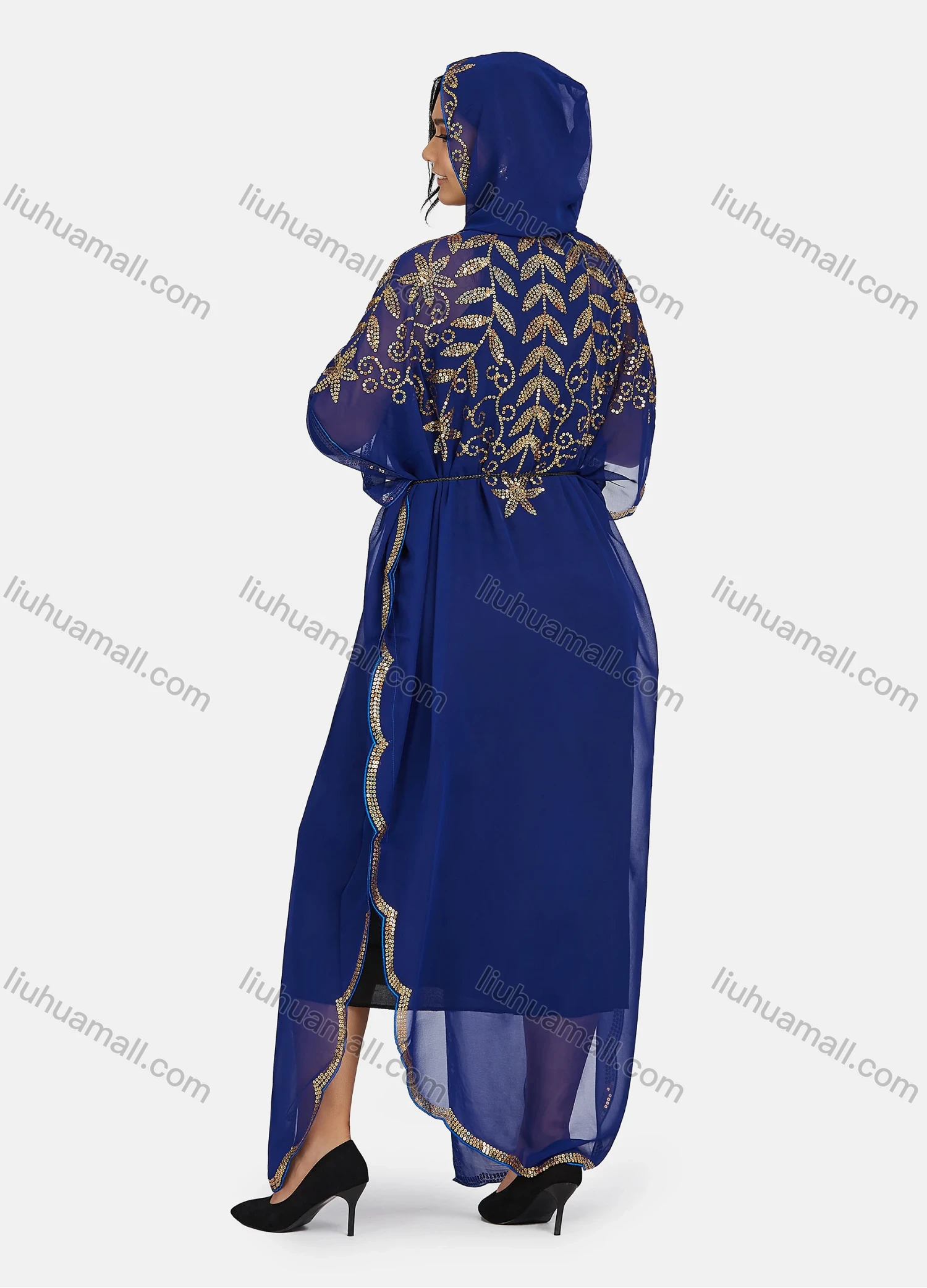 Wholesale Women's Vintage Islamic Muslim Khimar Jellabiya Arabic Dubai Sequin Hooded Kaftan Cloak - Liuhuamall