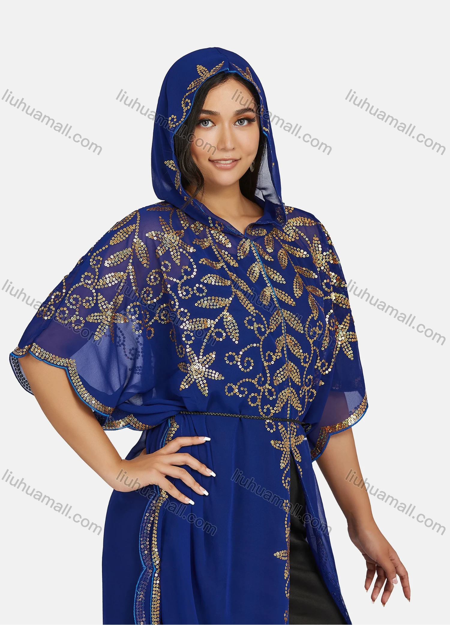 Wholesale Women's Vintage Islamic Muslim Khimar Jellabiya Arabic Dubai Sequin Hooded Kaftan Cloak - Liuhuamall