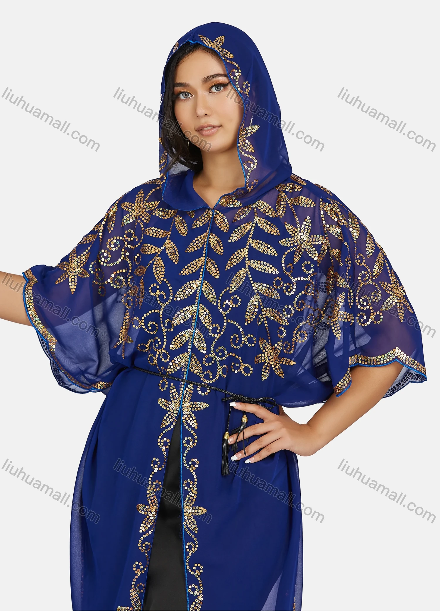 Wholesale Women's Vintage Islamic Muslim Khimar Jellabiya Arabic Dubai Sequin Hooded Kaftan Cloak - Liuhuamall