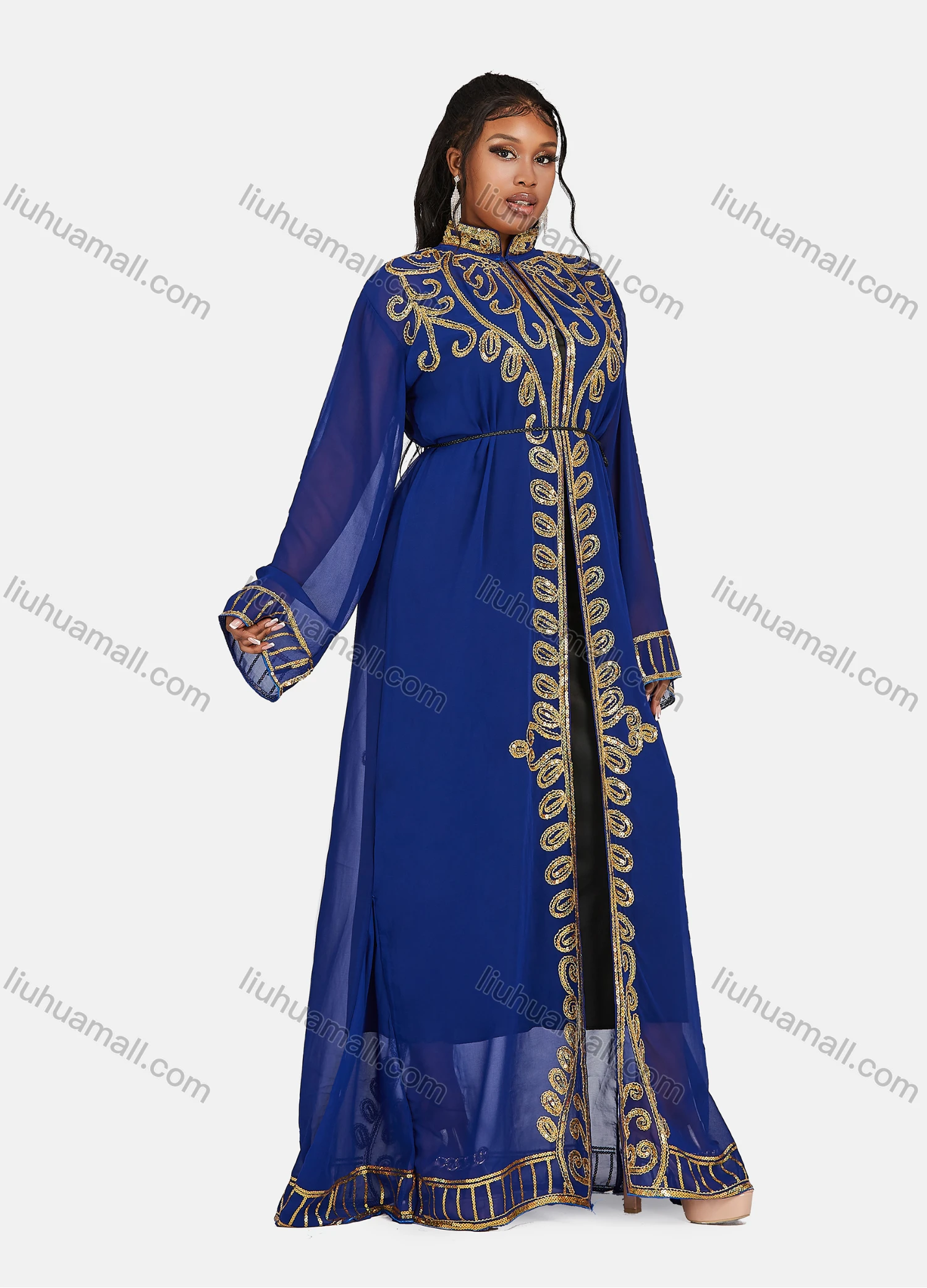 Wholesale Women's Vintage Muslim Khimar Jellabiya Sequin Arabic Dubai Long Sleeve Mock Neck Abaya Cloak With Beit - Liuhuamall