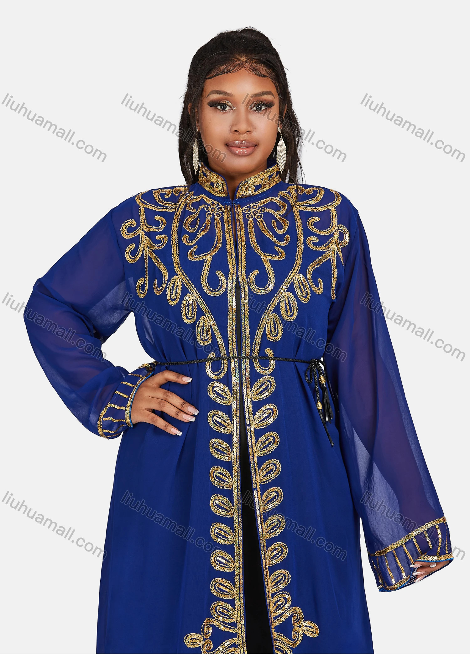 Wholesale Women's Vintage Muslim Khimar Jellabiya Sequin Arabic Dubai Long Sleeve Mock Neck Abaya Cloak With Beit - Liuhuamall