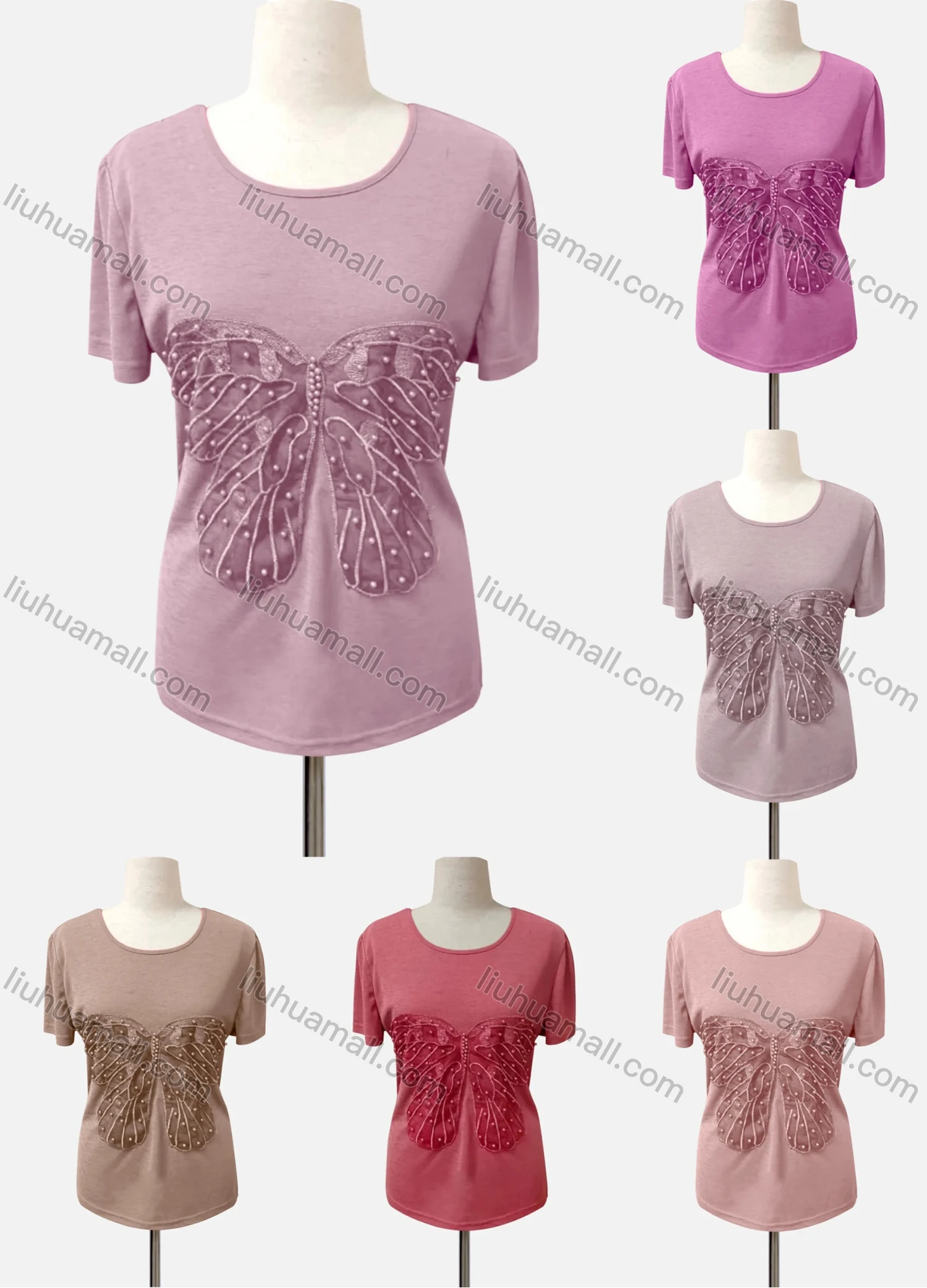 Wholesale Women's Casual Crew Neck Short Sleeve Beaded Embroidered Blouse - Liuhuamall