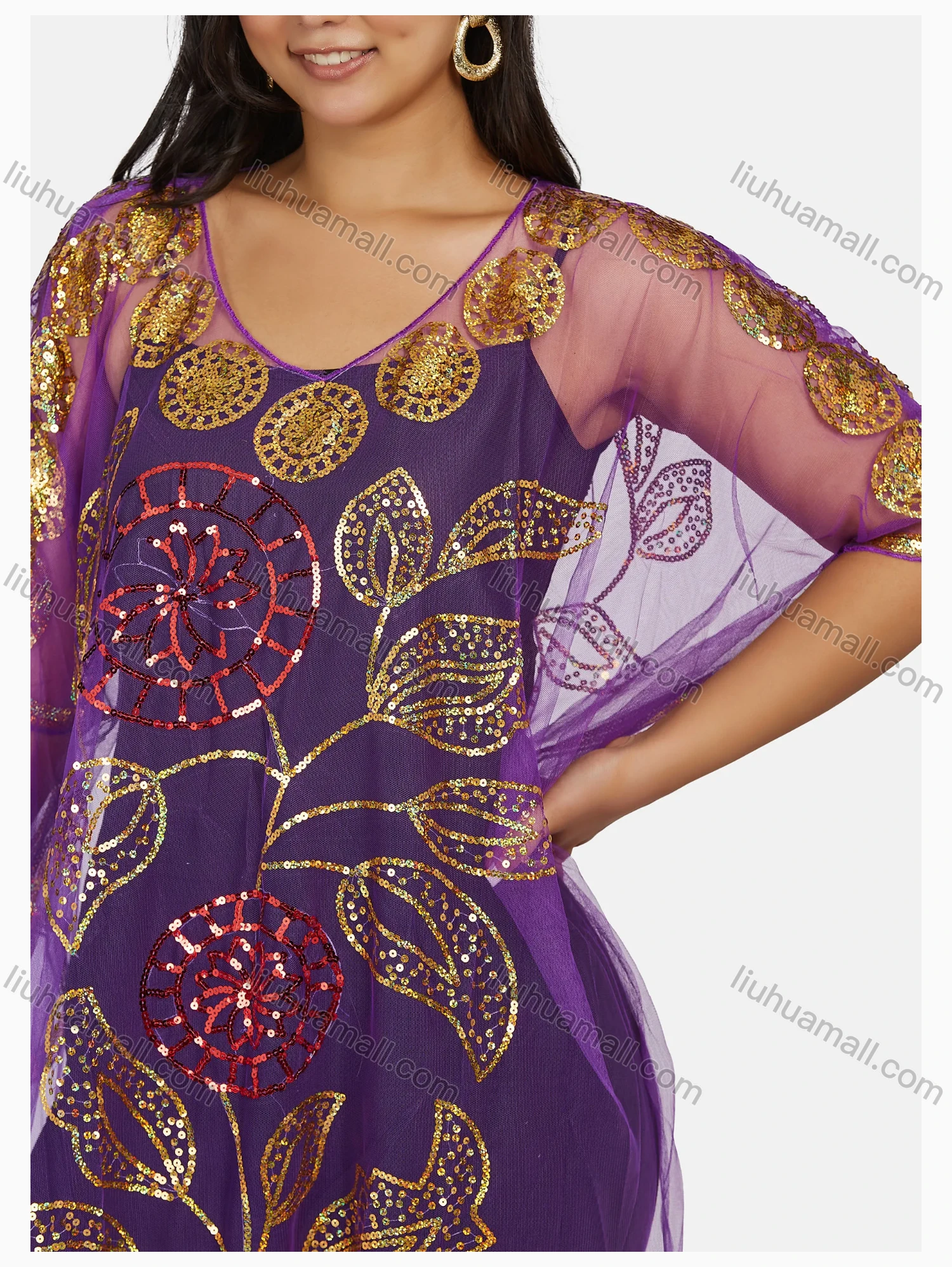 Wholesale Women's Muslim Leaf Floral Sequin Triangular Hem Sheer Mesh Cover Up Dress - Liuhuamall