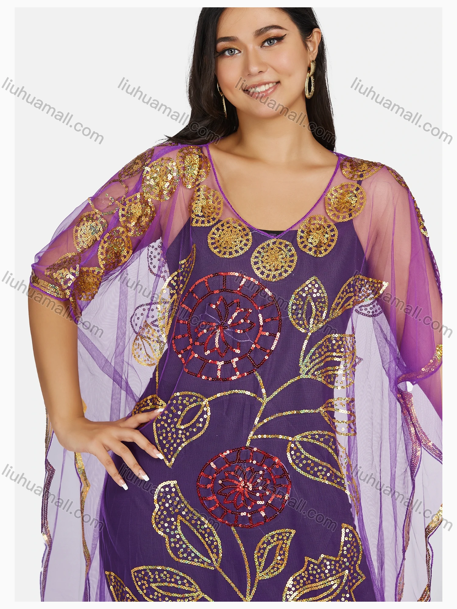 Wholesale Women's Muslim Leaf Floral Sequin Triangular Hem Sheer Mesh Cover Up Dress - Liuhuamall