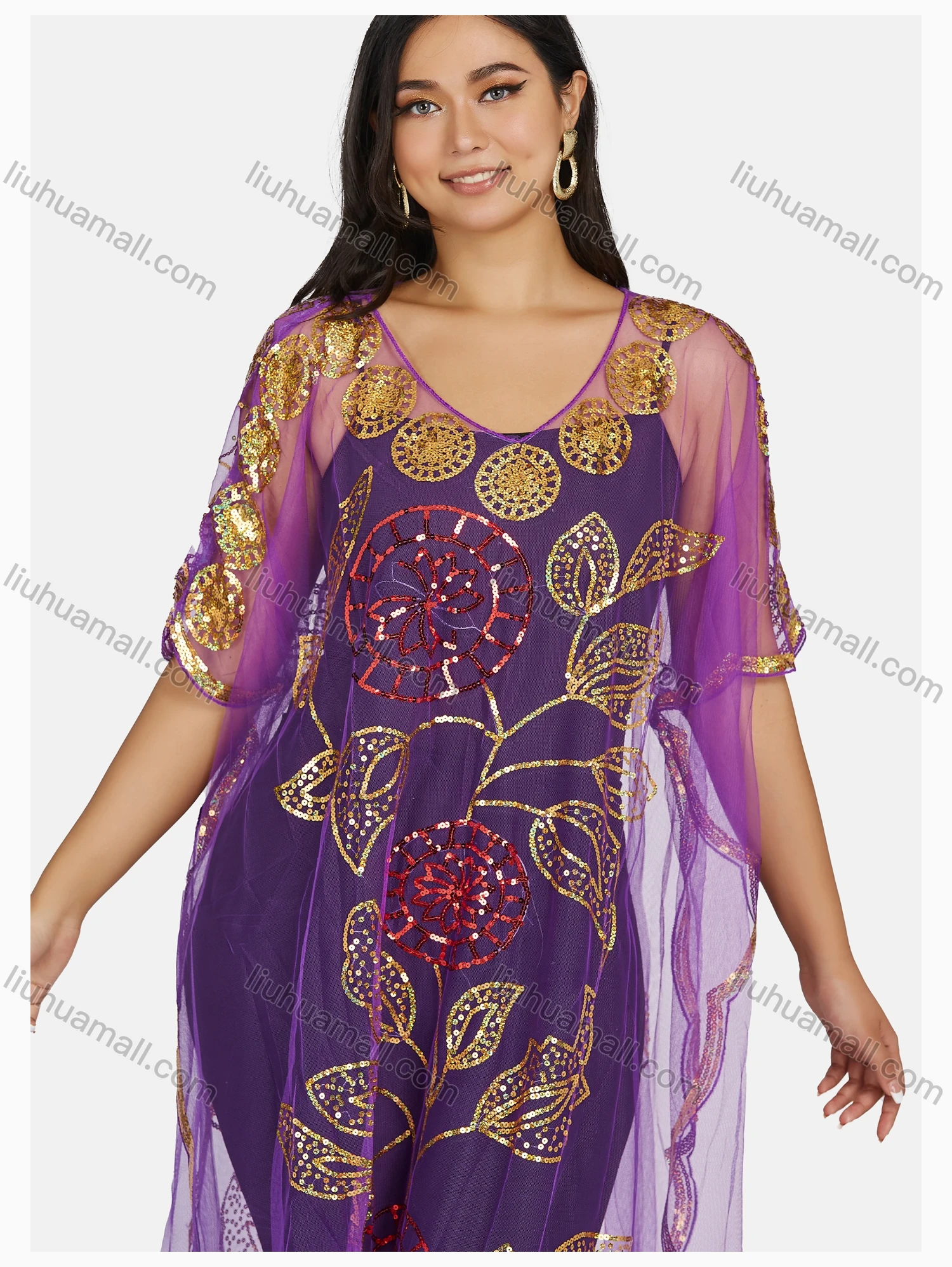 Wholesale Women's Muslim Leaf Floral Sequin Triangular Hem Sheer Mesh Cover Up Dress - Liuhuamall