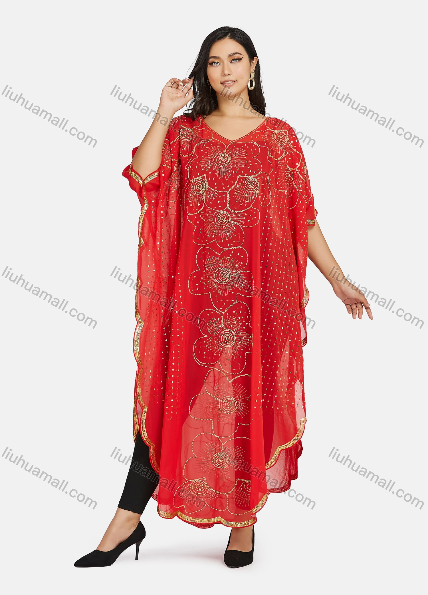 Wholesale Women's Muslim Islamic Floral Sequin Triangular Hem Arabic Dubai Sheer Mesh Cover Up Dress - Liuhuamall