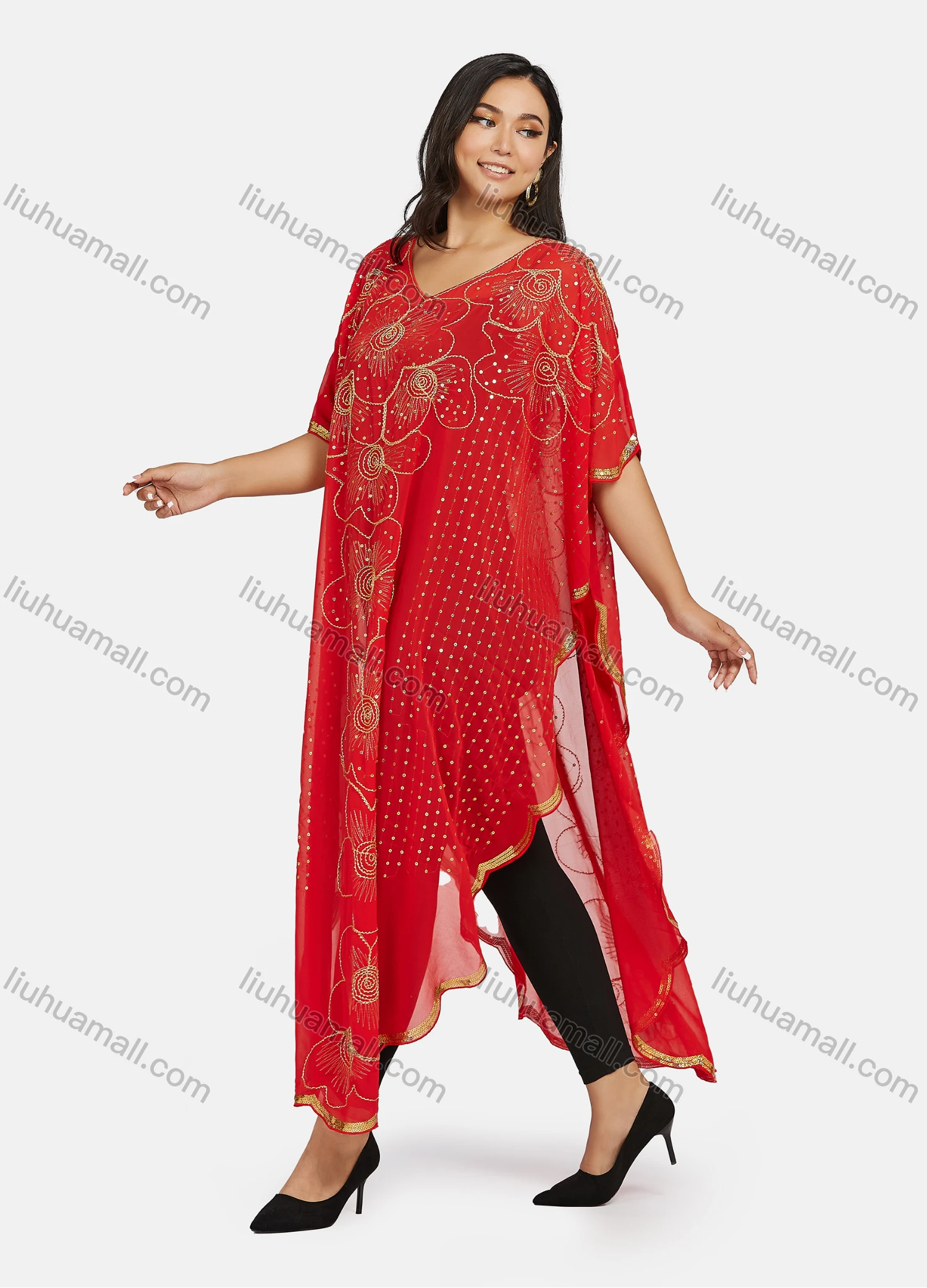 Wholesale Women's Muslim Islamic Floral Sequin Triangular Hem Arabic Dubai Sheer Mesh Cover Up Dress - Liuhuamall