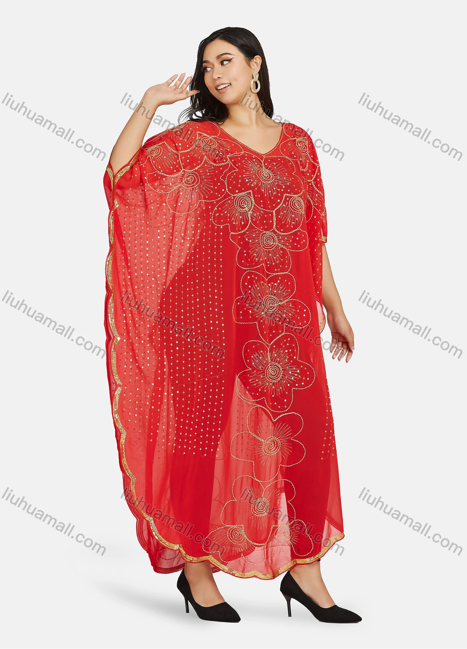 Wholesale Women's Muslim Islamic Floral Sequin Triangular Hem Arabic Dubai Sheer Mesh Cover Up Dress - Liuhuamall