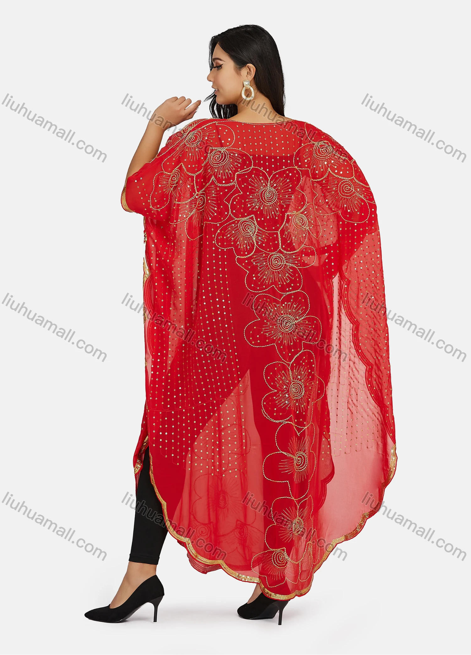 Wholesale Women's Muslim Islamic Floral Sequin Triangular Hem Arabic Dubai Sheer Mesh Cover Up Dress - Liuhuamall