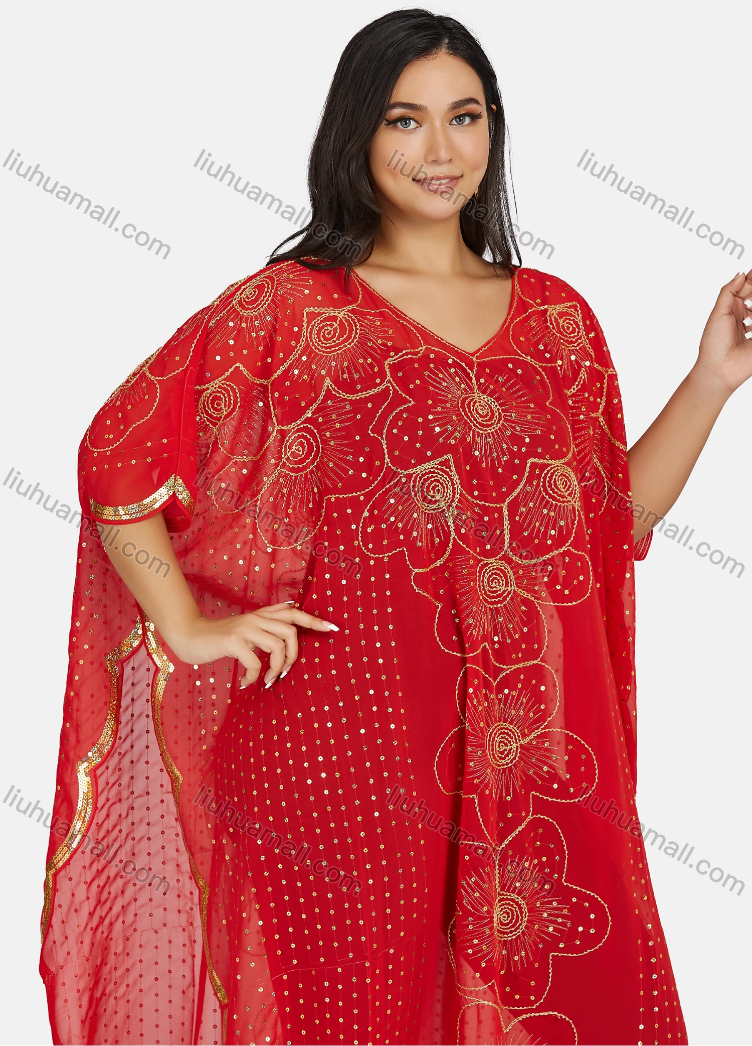 Wholesale Women's Muslim Islamic Floral Sequin Triangular Hem Arabic Dubai Sheer Mesh Cover Up Dress - Liuhuamall