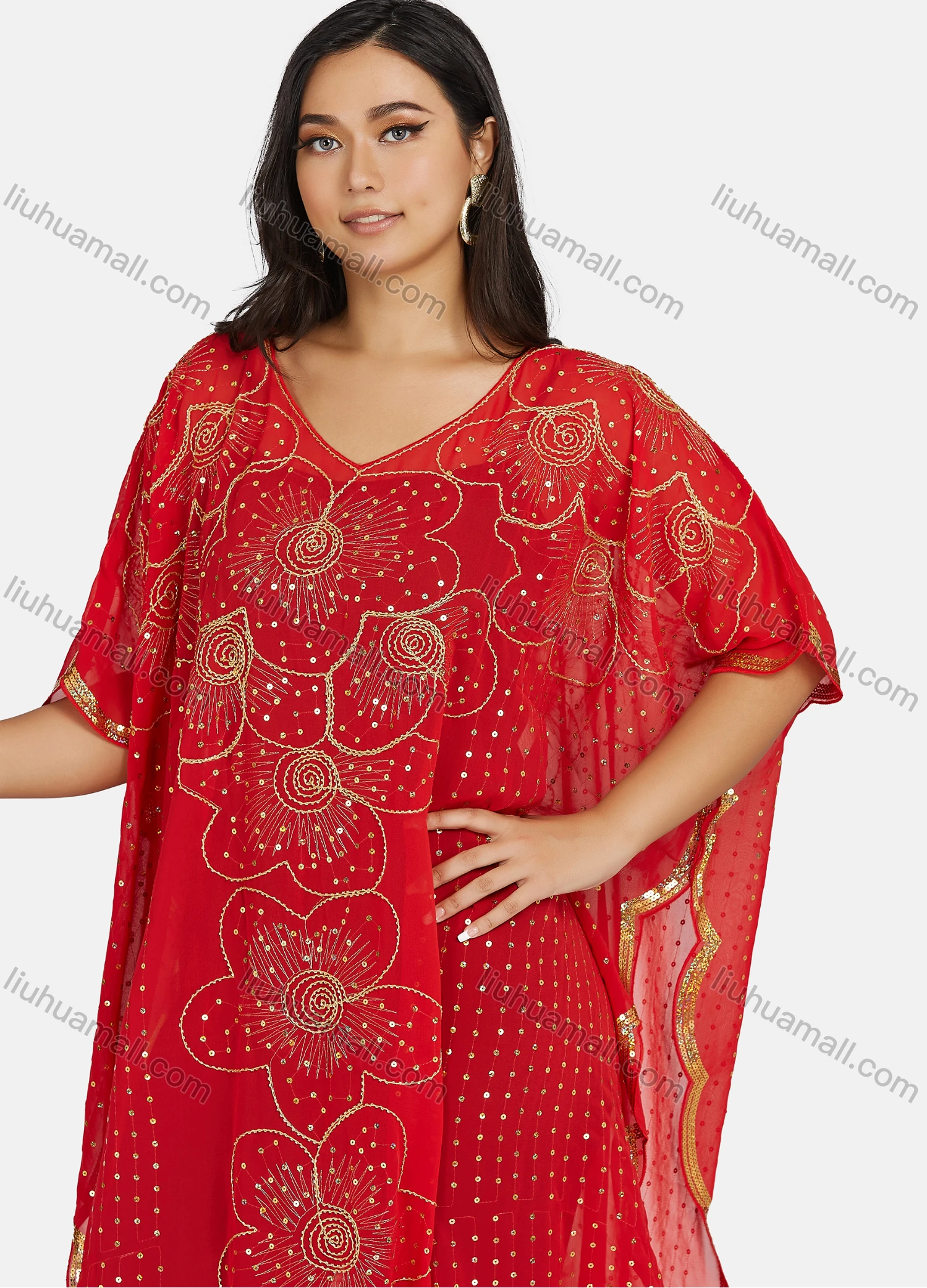 Wholesale Women's Muslim Islamic Floral Sequin Triangular Hem Arabic Dubai Sheer Mesh Cover Up Dress - Liuhuamall