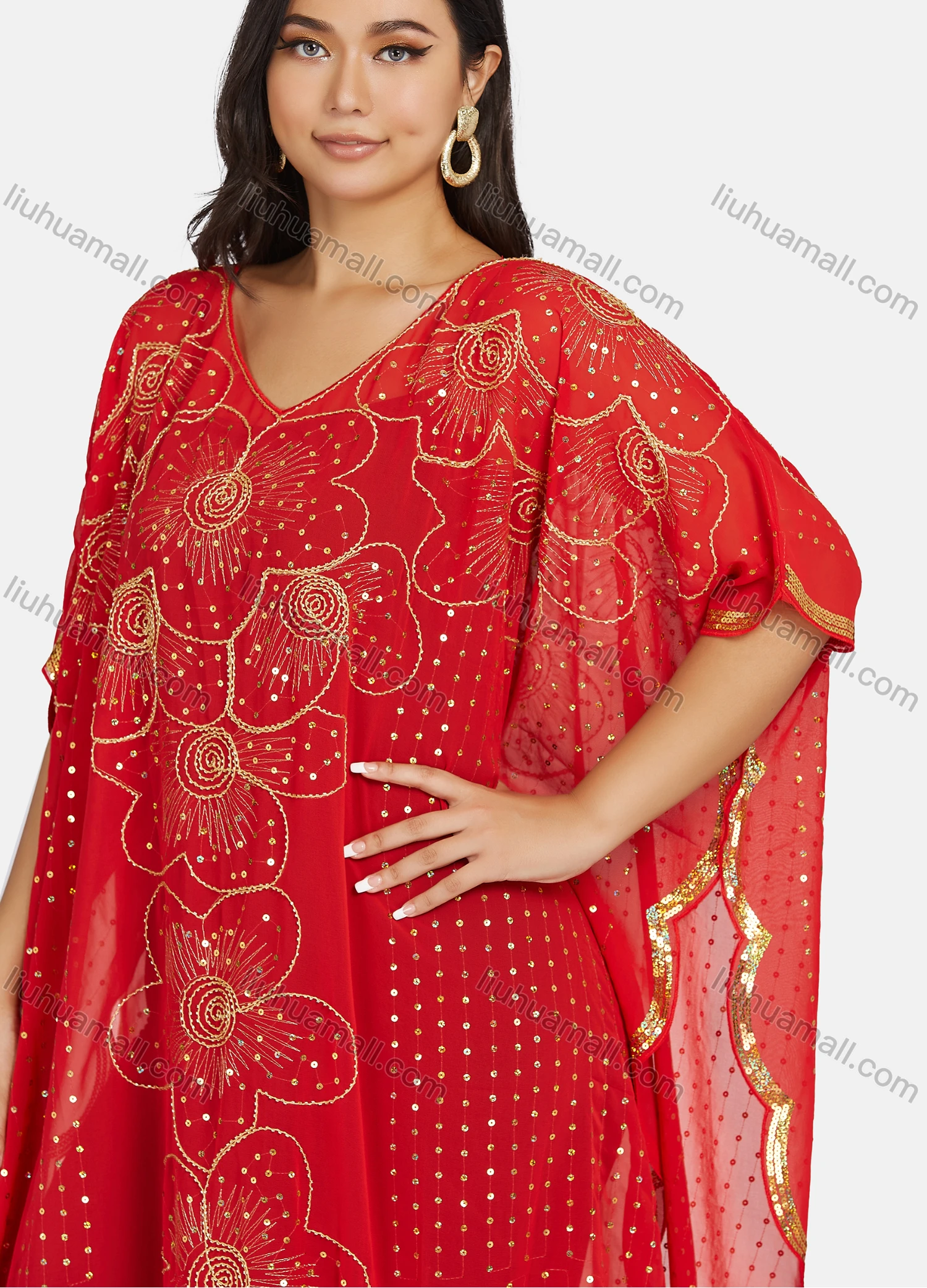 Wholesale Women's Muslim Islamic Floral Sequin Triangular Hem Arabic Dubai Sheer Mesh Cover Up Dress - Liuhuamall