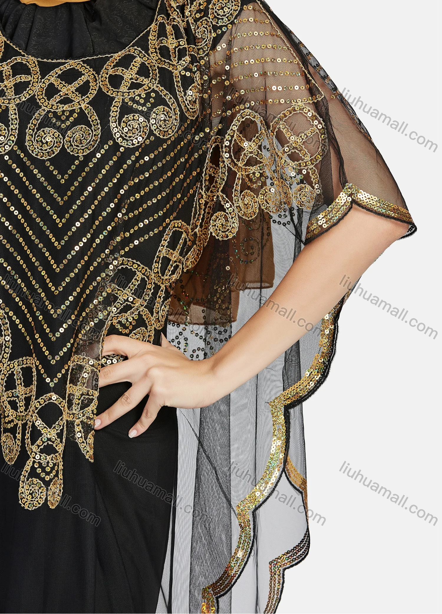 Wholesale Women's Glamorous Sequin Embroidery Triangular Hem Sheer Mesh Cover Up Dress - Liuhuamall