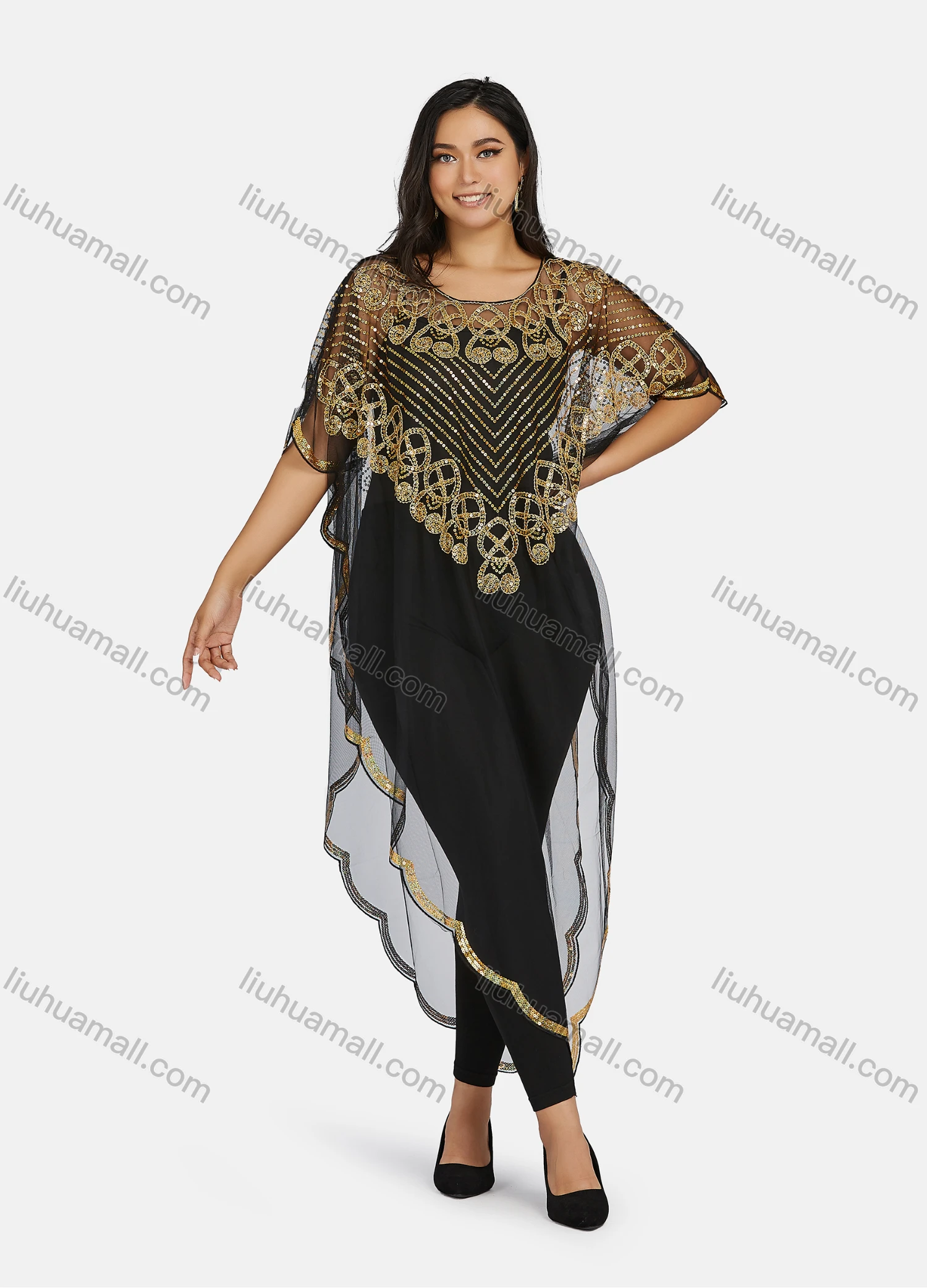 Wholesale Women's Glamorous Sequin Embroidery Triangular Hem Sheer Mesh Cover Up Dress - Liuhuamall