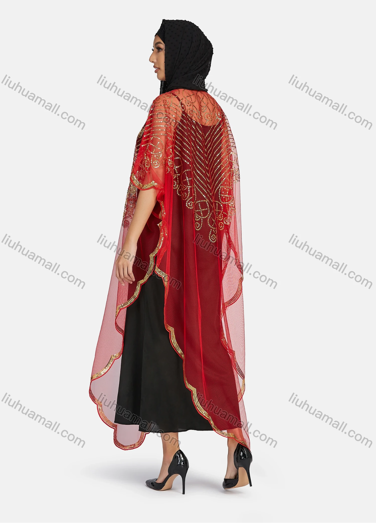 Wholesale Women's Glamorous Sequin Embroidery Triangular Hem Sheer Mesh Cover Up Dress - Liuhuamall