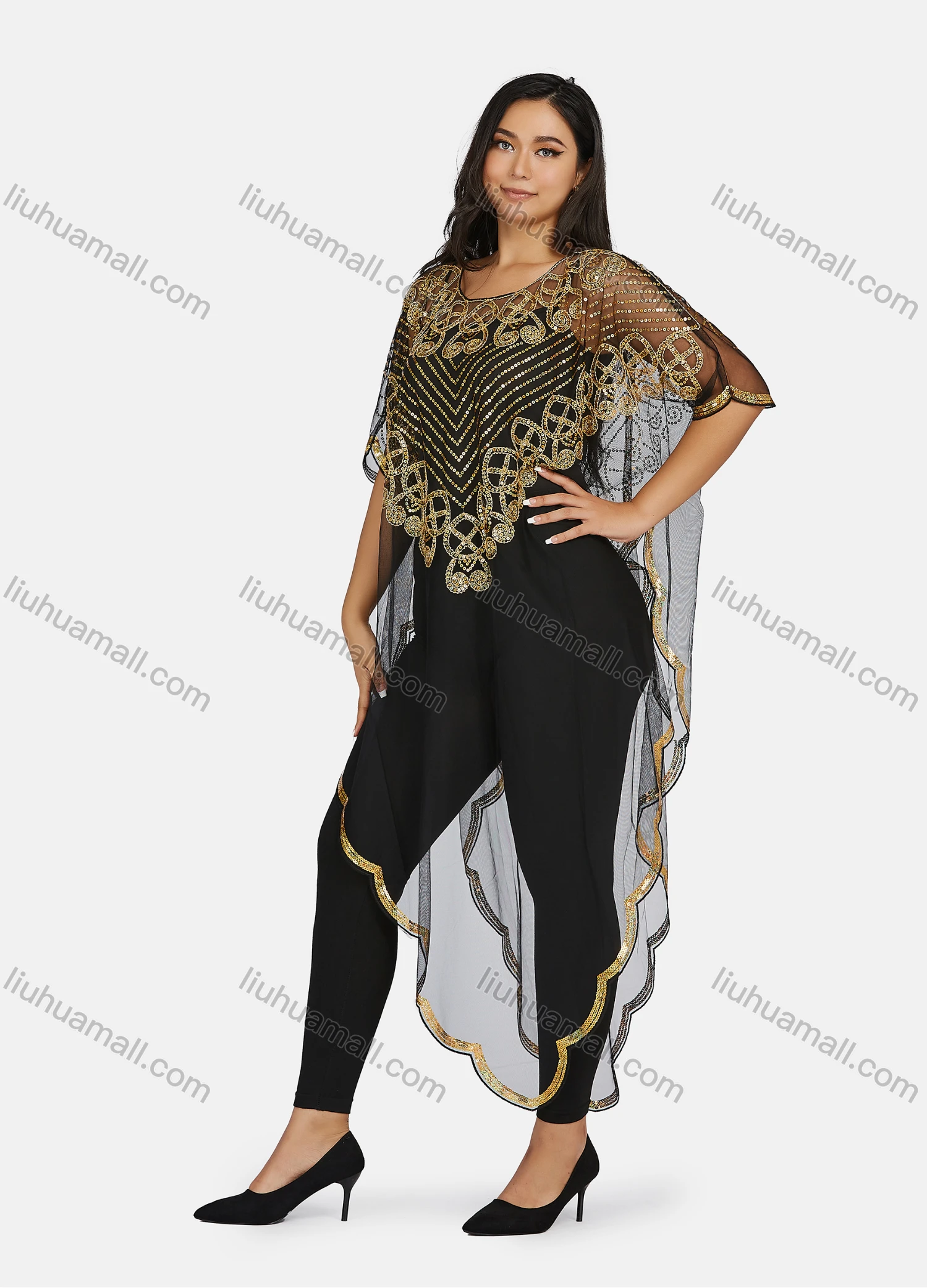 Wholesale Women's Glamorous Sequin Embroidery Triangular Hem Sheer Mesh Cover Up Dress - Liuhuamall