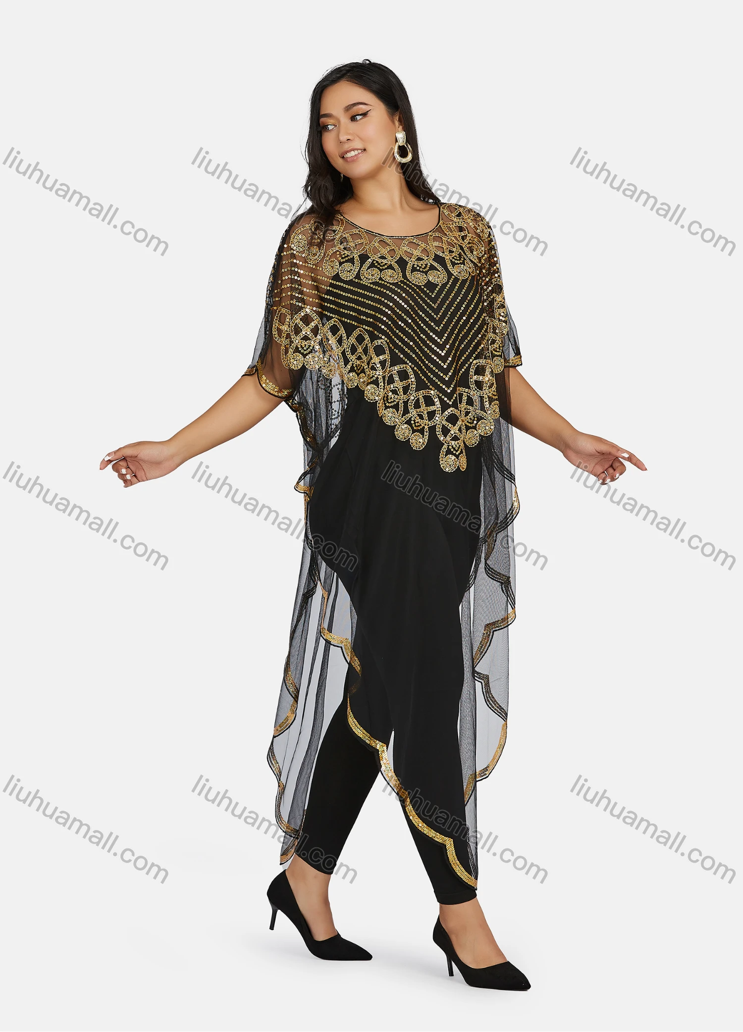 Wholesale Women's Glamorous Sequin Embroidery Triangular Hem Sheer Mesh Cover Up Dress - Liuhuamall