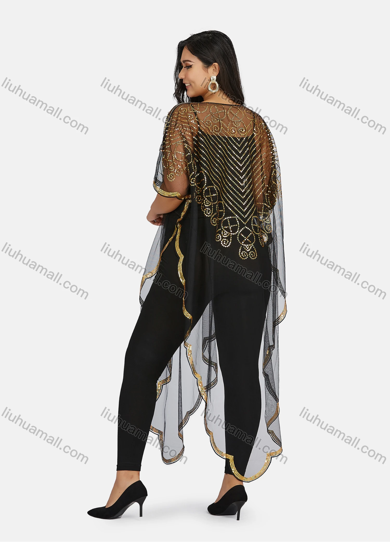 Wholesale Women's Glamorous Sequin Embroidery Triangular Hem Sheer Mesh Cover Up Dress - Liuhuamall