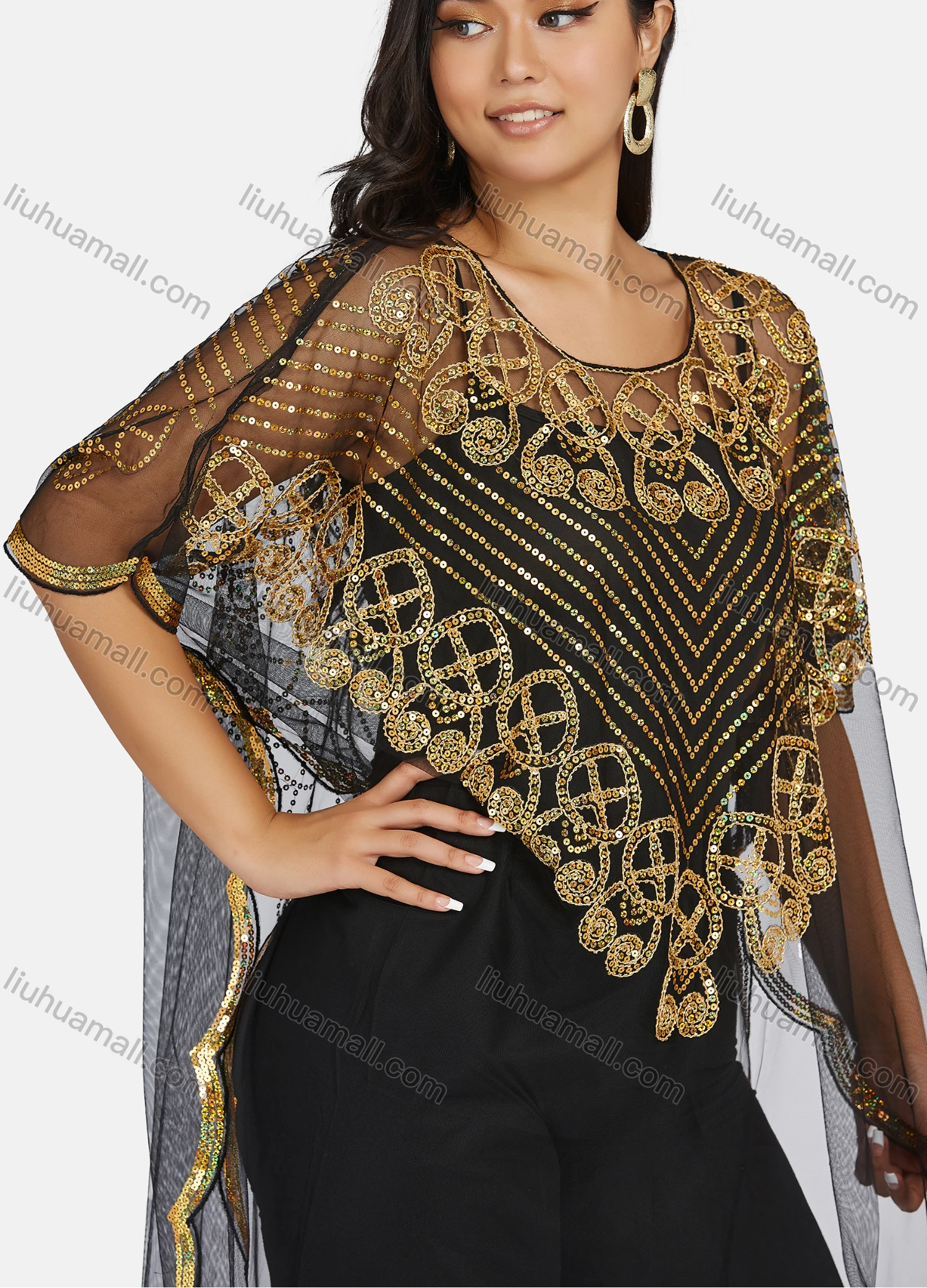 Wholesale Women's Glamorous Sequin Embroidery Triangular Hem Sheer Mesh Cover Up Dress - Liuhuamall