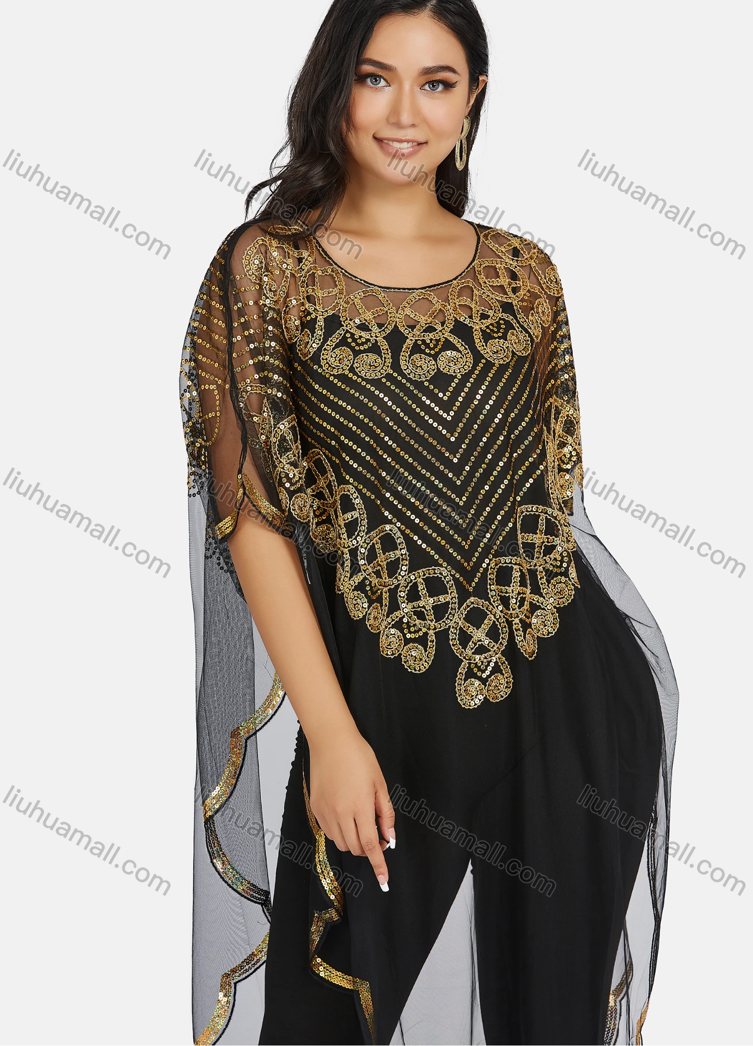 Wholesale Women's Glamorous Sequin Embroidery Triangular Hem Sheer Mesh Cover Up Dress - Liuhuamall