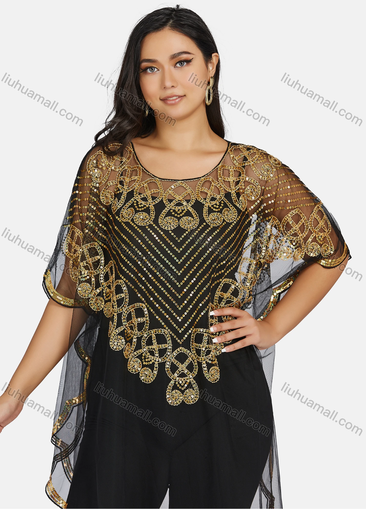 Wholesale Women's Glamorous Sequin Embroidery Triangular Hem Sheer Mesh Cover Up Dress - Liuhuamall