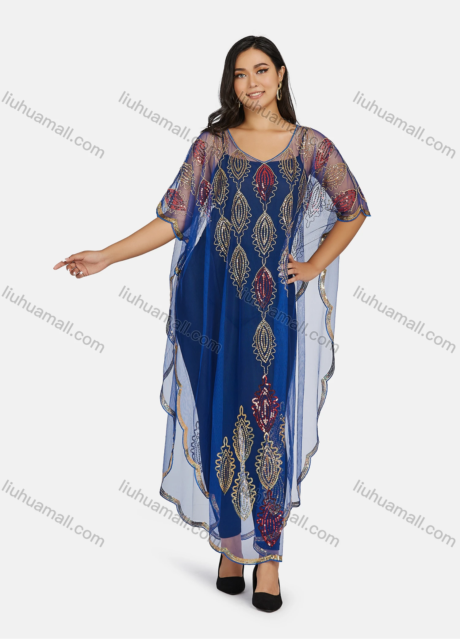 Wholesale Women's Muslim Islamic Glamorous Sequin Triangular Hem Arabic Dubai Sheer Mesh Cover Up Top - Liuhuamall