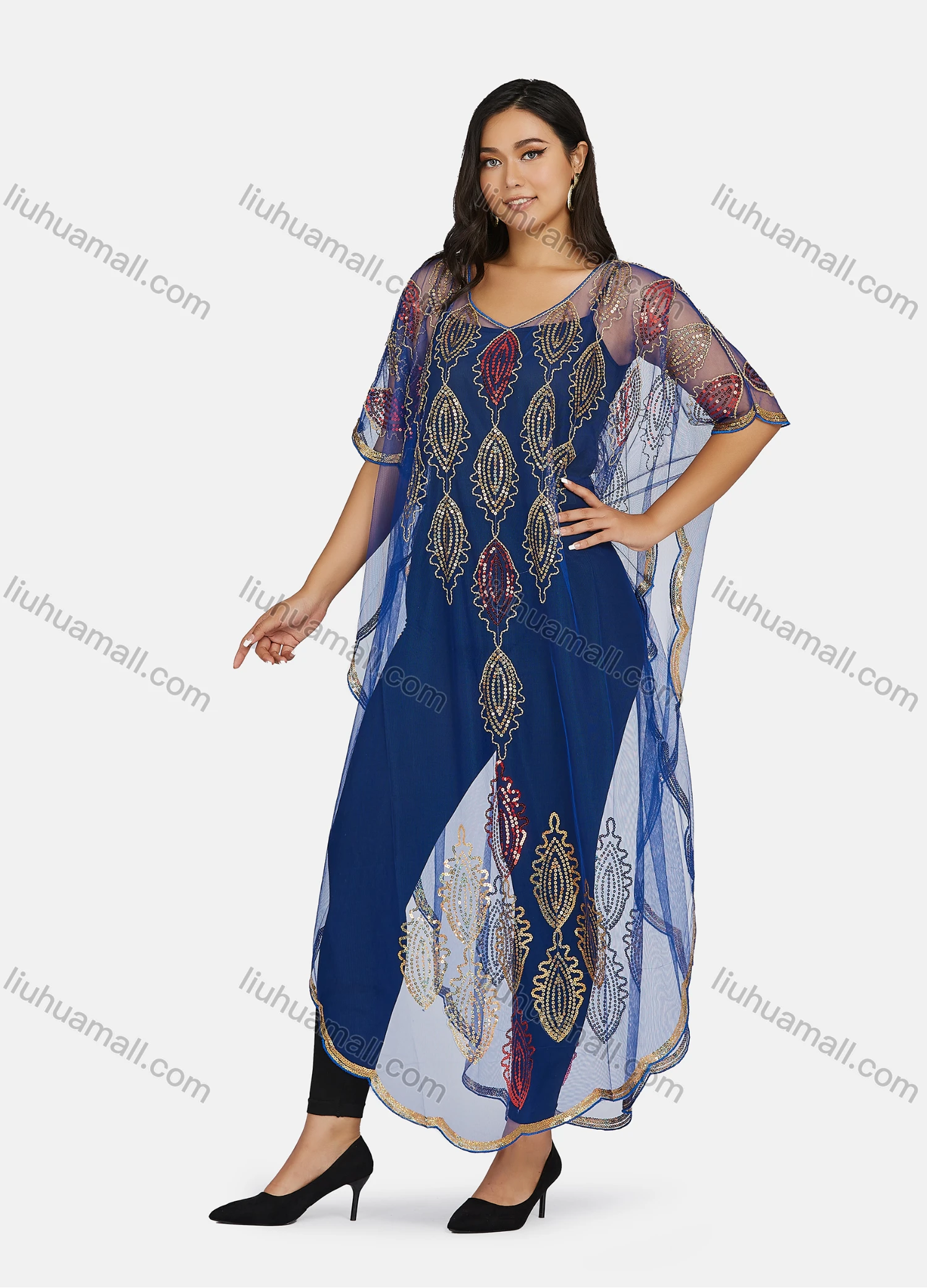 Wholesale Women's Muslim Islamic Glamorous Sequin Triangular Hem Arabic Dubai Sheer Mesh Cover Up Top - Liuhuamall