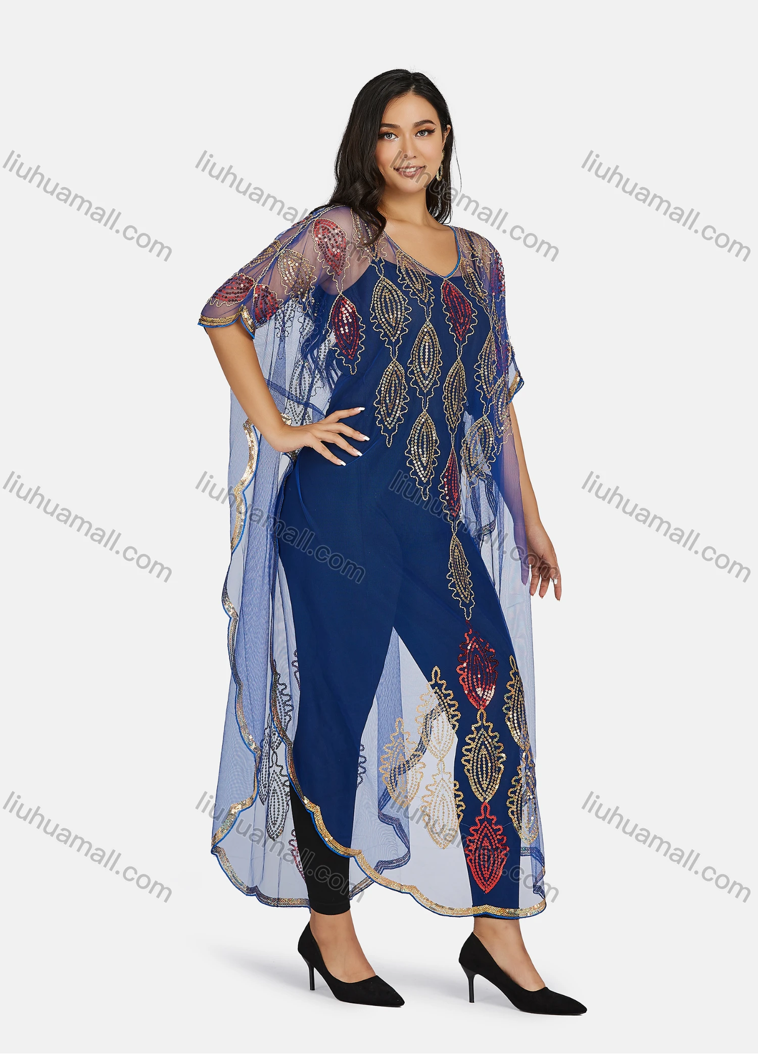 Wholesale Women's Muslim Islamic Glamorous Sequin Triangular Hem Arabic Dubai Sheer Mesh Cover Up Top - Liuhuamall