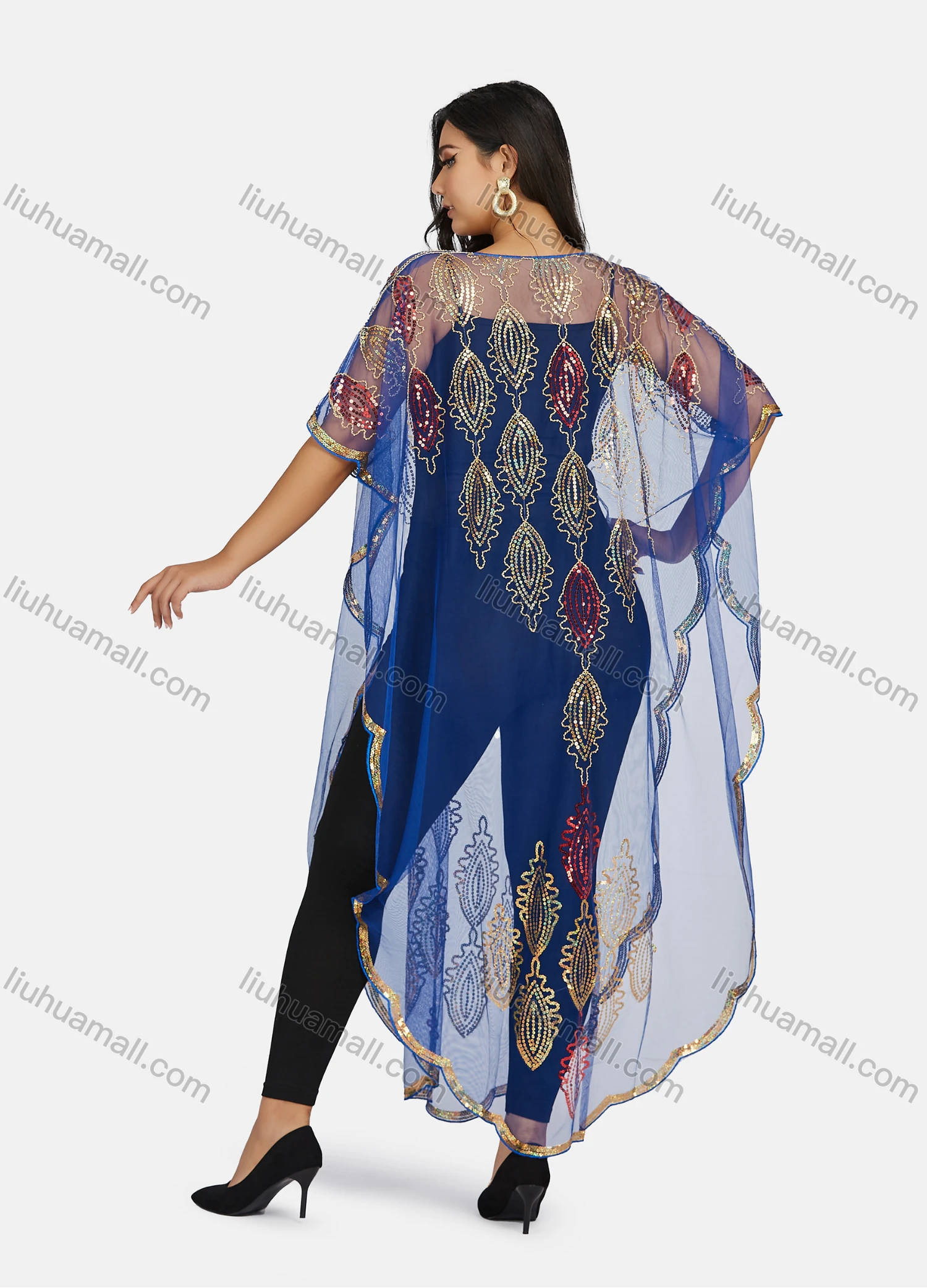 Wholesale Women's Muslim Islamic Glamorous Sequin Triangular Hem Arabic Dubai Sheer Mesh Cover Up Top - Liuhuamall