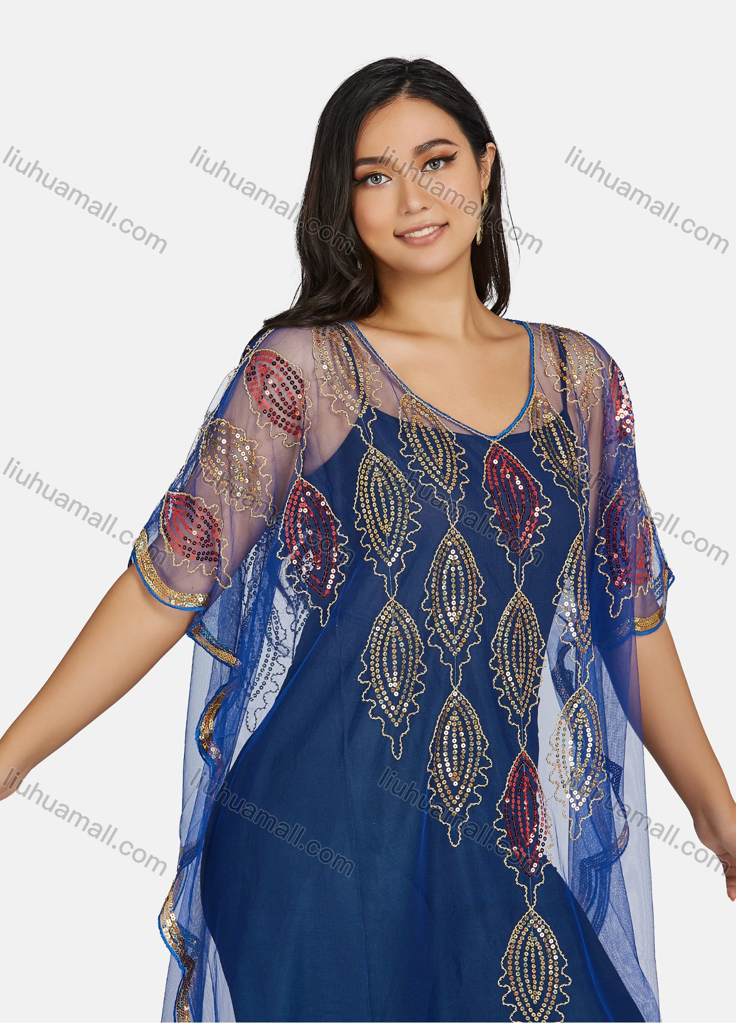 Wholesale Women's Muslim Islamic Glamorous Sequin Triangular Hem Arabic Dubai Sheer Mesh Cover Up Top - Liuhuamall