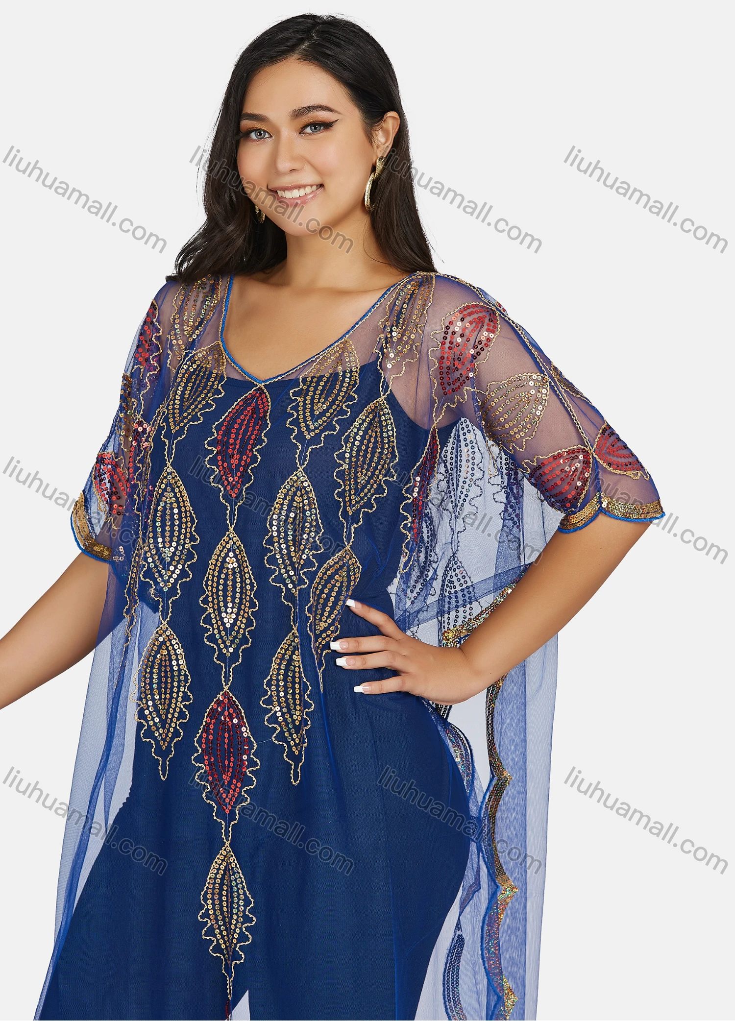 Wholesale Women's Muslim Islamic Glamorous Sequin Triangular Hem Arabic Dubai Sheer Mesh Cover Up Top - Liuhuamall