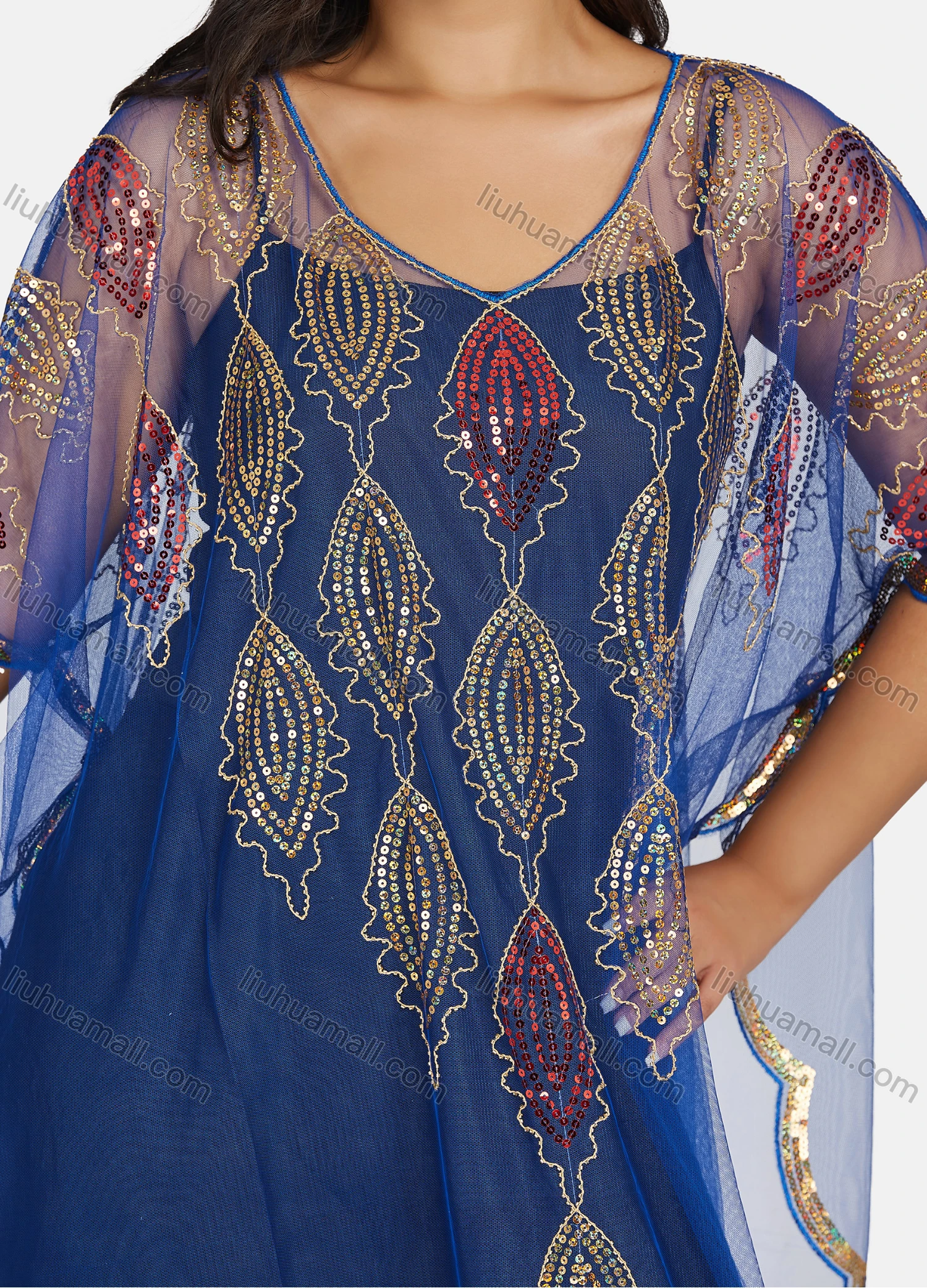 Wholesale Women's Muslim Islamic Glamorous Sequin Triangular Hem Arabic Dubai Sheer Mesh Cover Up Top - Liuhuamall