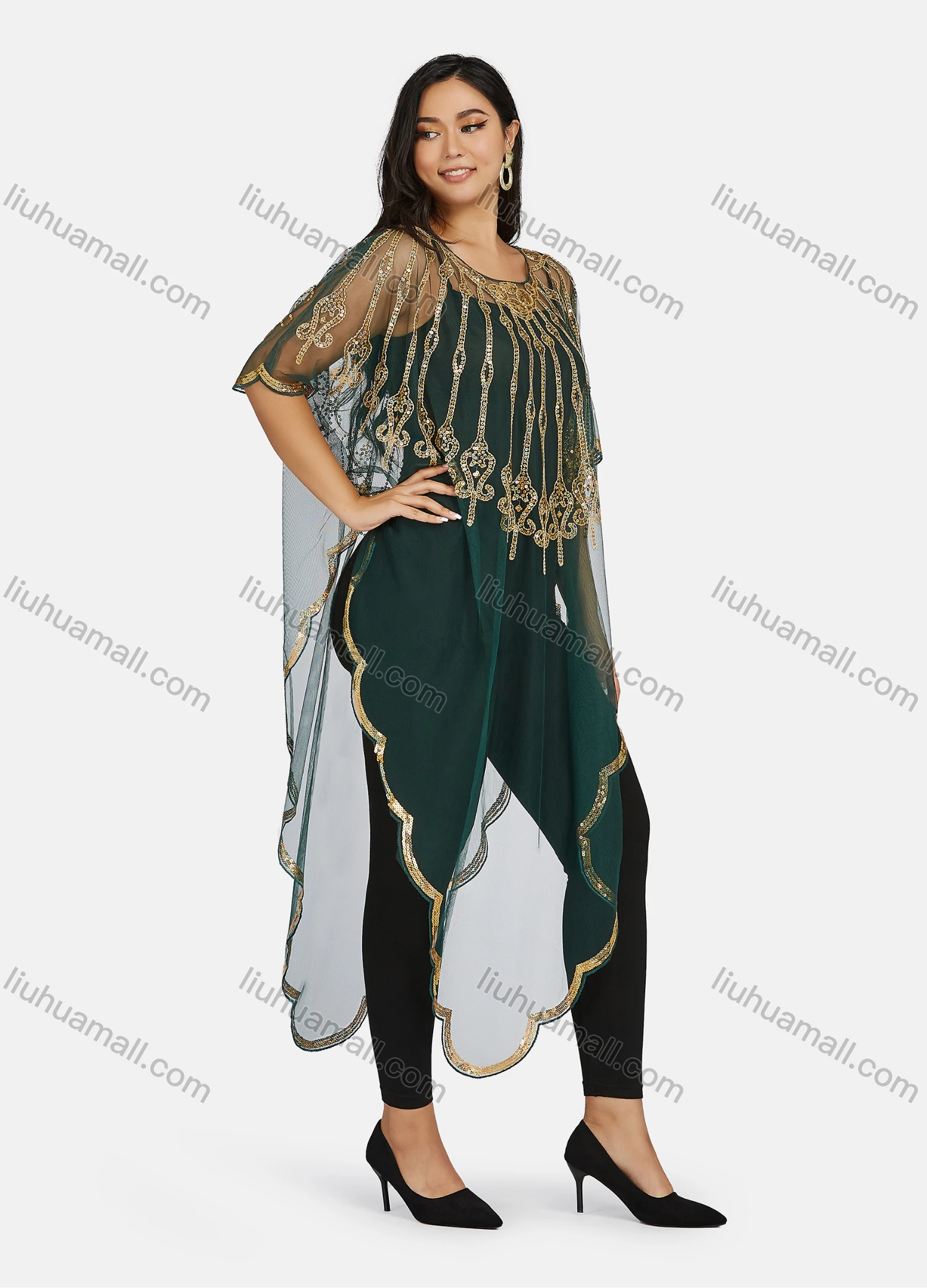 Wholesale Women's Glamorous Muslim Sequin Triangular Hem Arabic Dubai Sheer Mesh Cover Up Dress - Liuhuamall