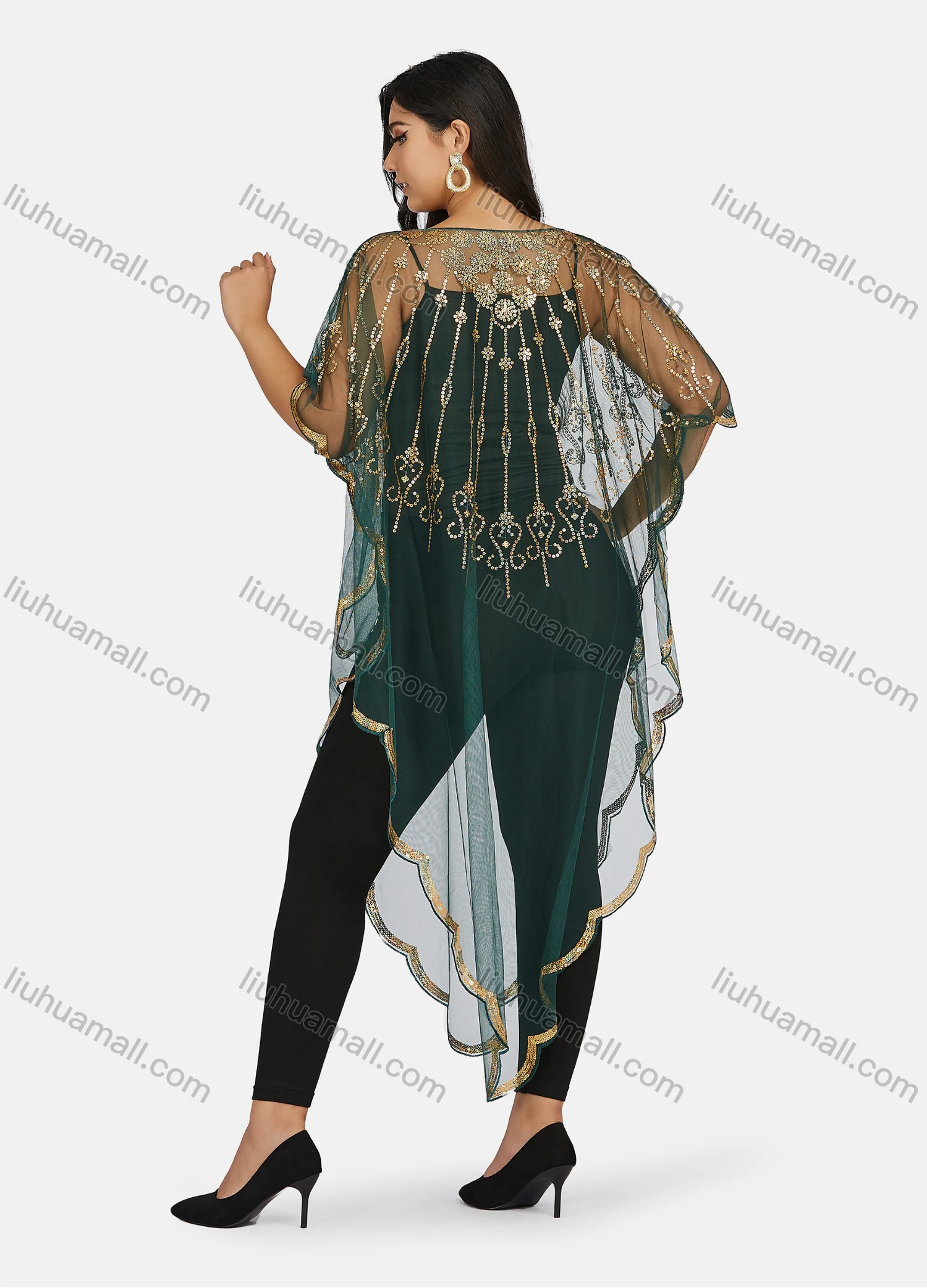 Wholesale Women's Glamorous Muslim Sequin Triangular Hem Arabic Dubai Sheer Mesh Cover Up Dress - Liuhuamall