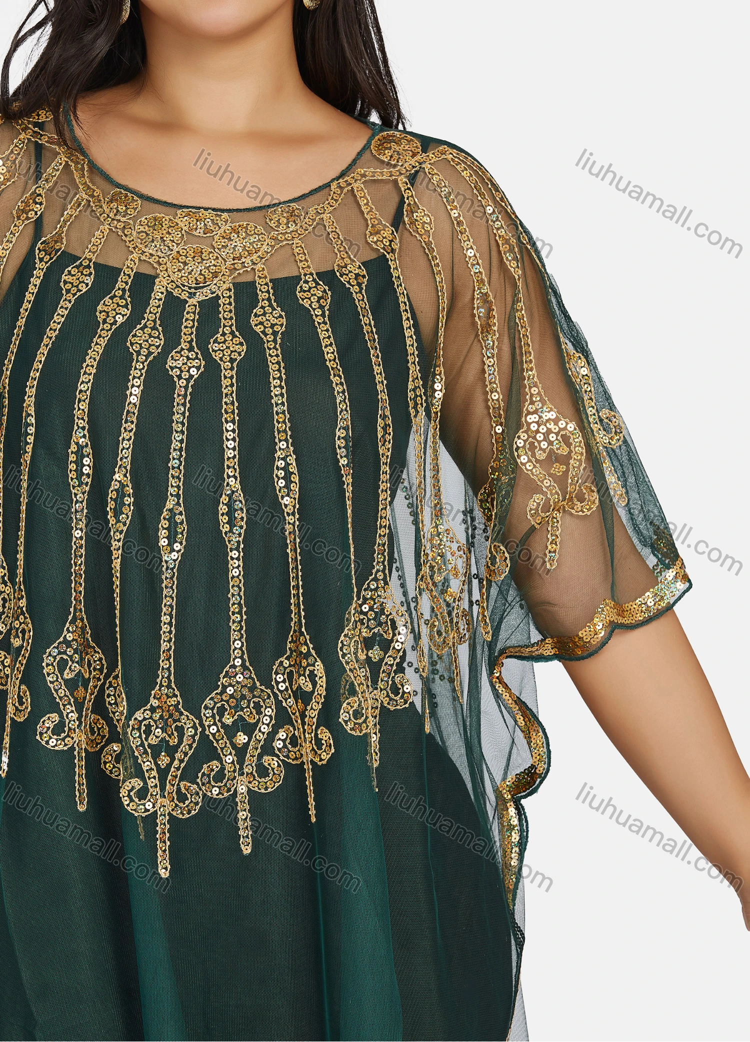 Wholesale Women's Glamorous Muslim Sequin Triangular Hem Arabic Dubai Sheer Mesh Cover Up Dress - Liuhuamall