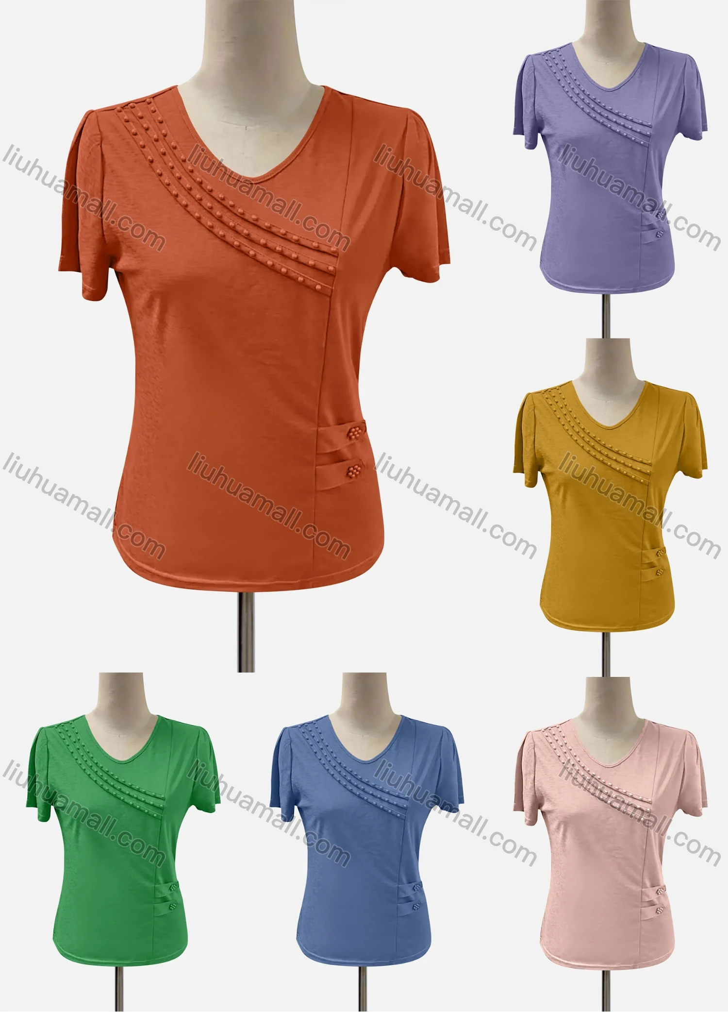 Wholesale Women's Casual V Neck Short Sleeve Beaded Blouse - Liuhuamall