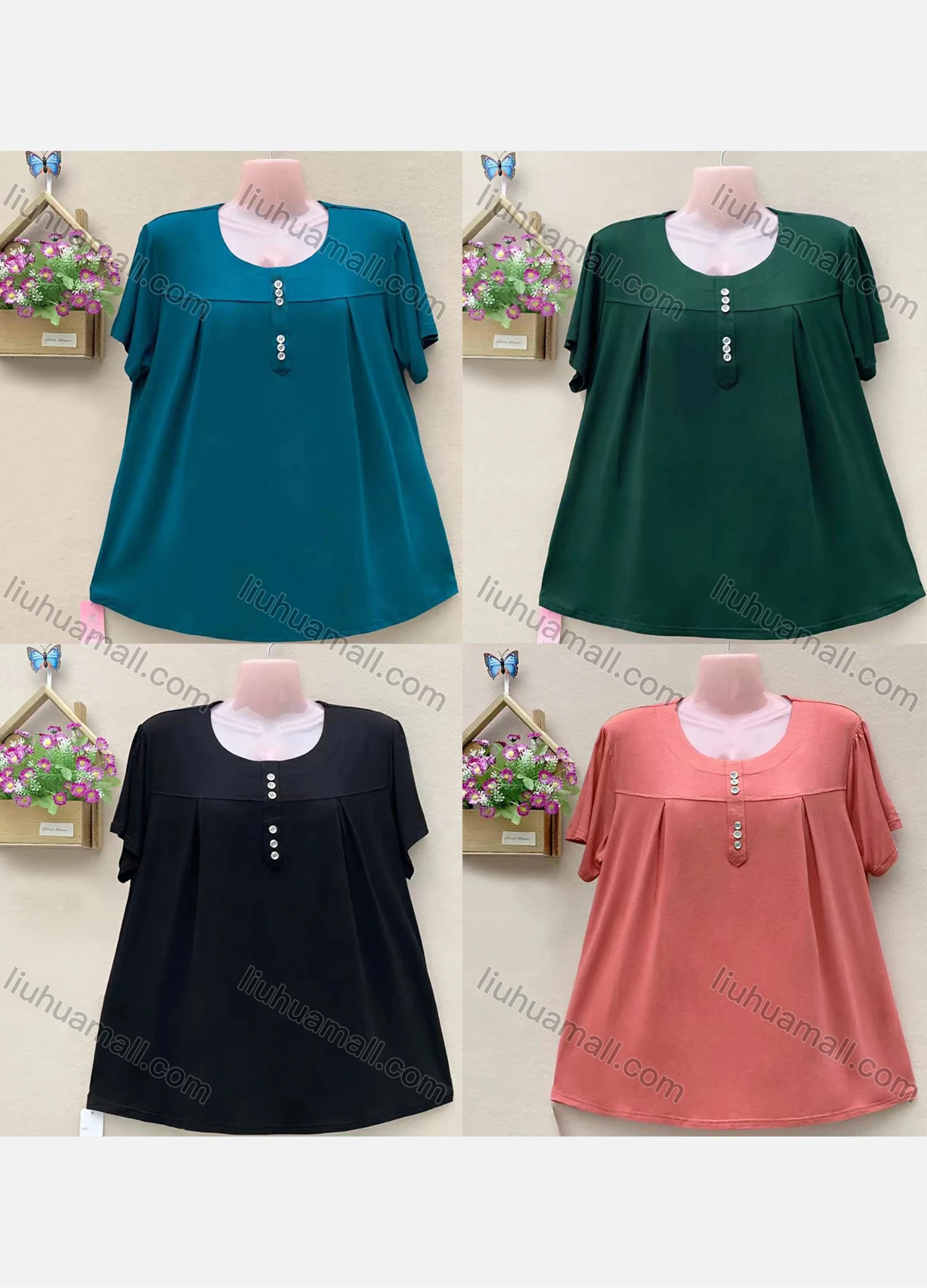 Wholesale Women's Casual Crew Neck Short Sleeve Button Decro Oversized Blouse - Liuhuamall