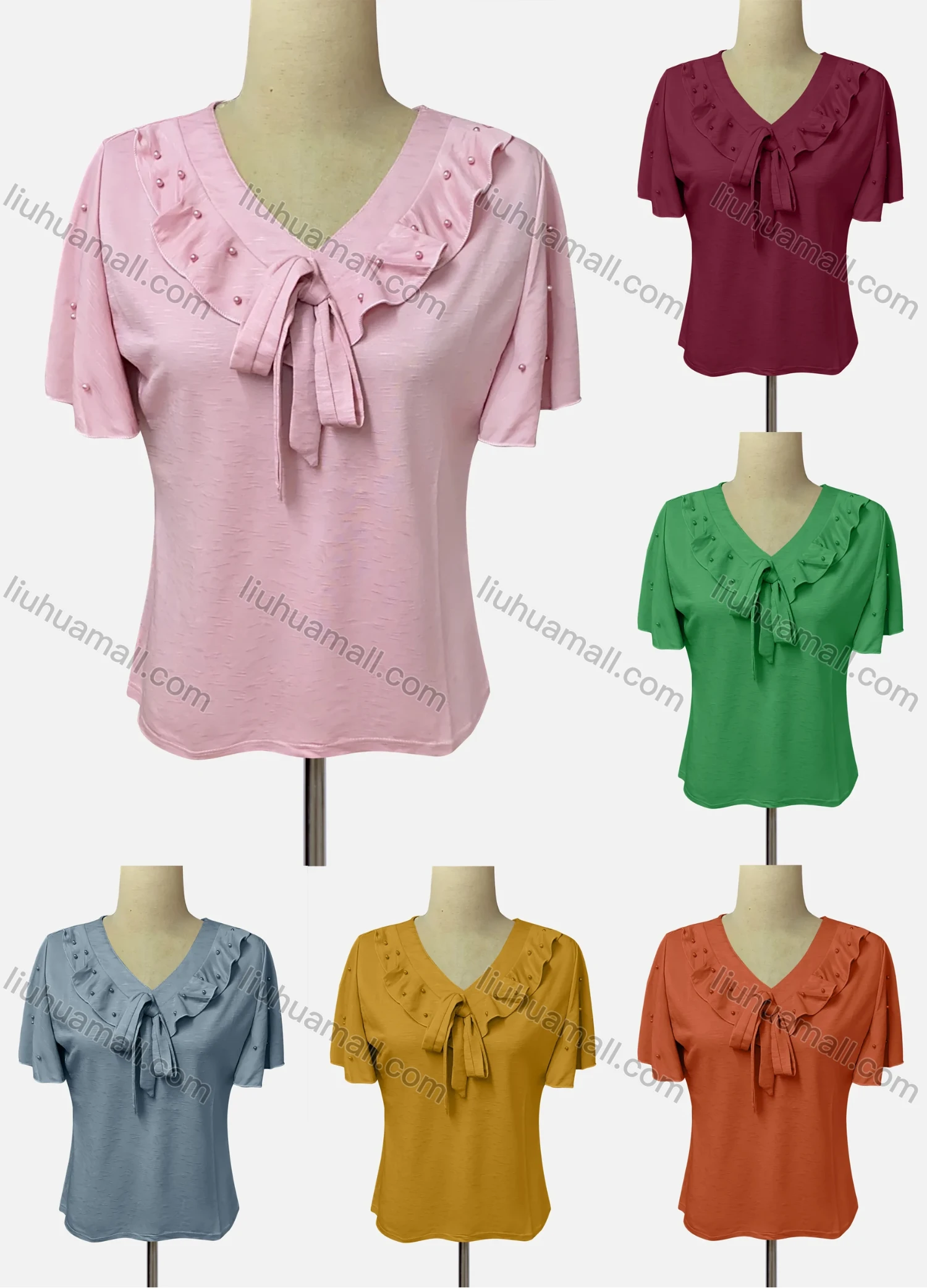 Wholesale Women's Casual V Neck Short Sleeve Lace Up Ruffle Trim Blouse - Liuhuamall