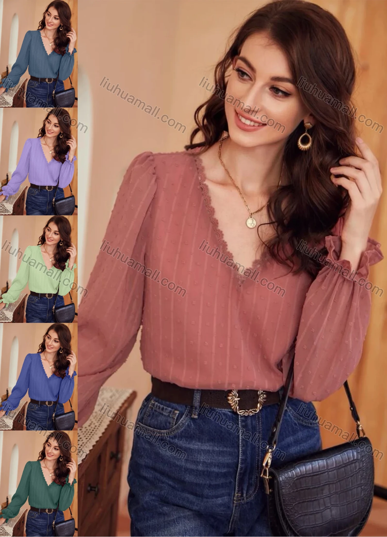 Wholesale Women's Casual Plain V Neck Long Sleeve Blouse - Liuhuamall