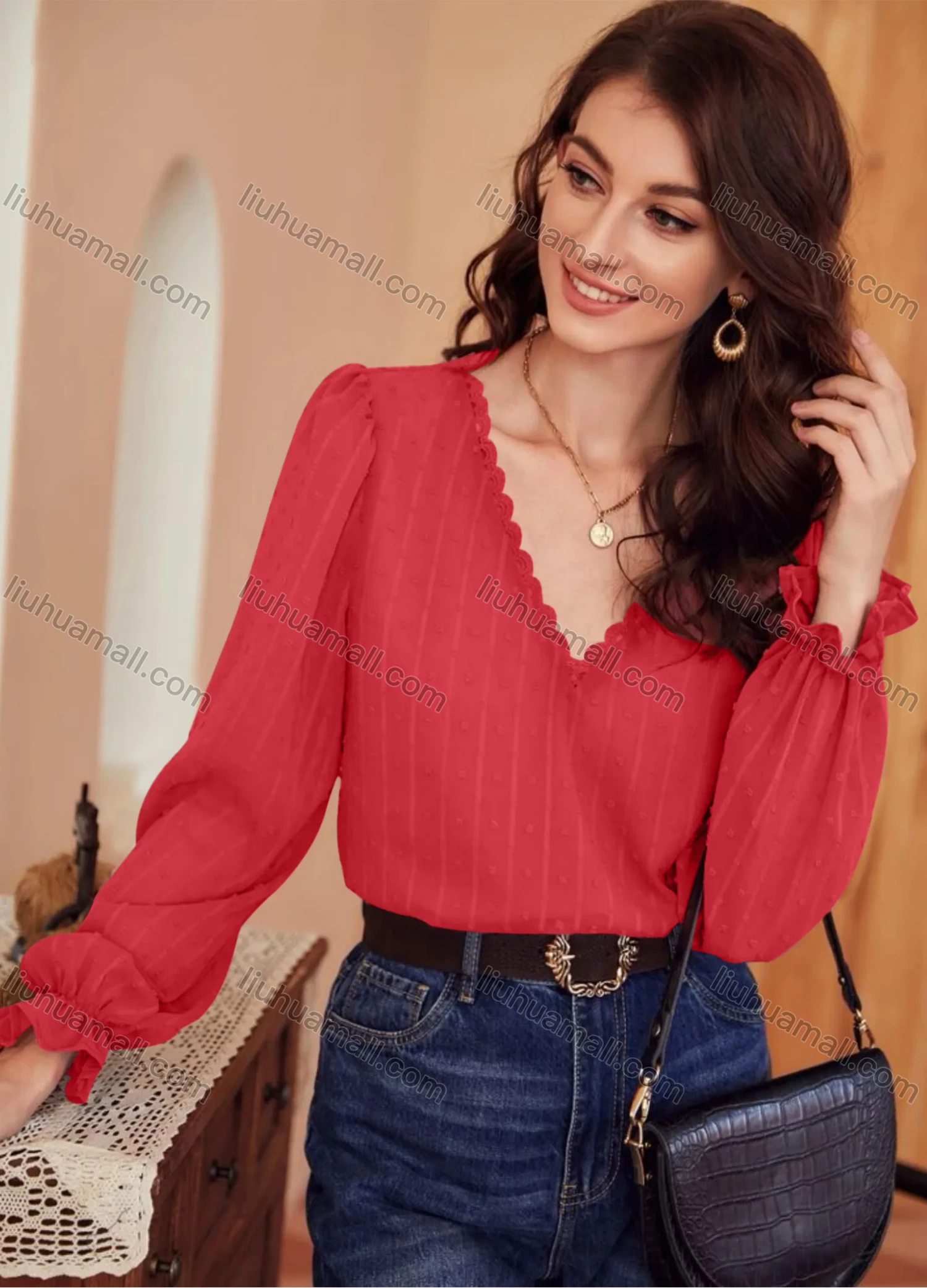 Wholesale Women's Casual Plain V Neck Long Sleeve Blouse - Liuhuamall