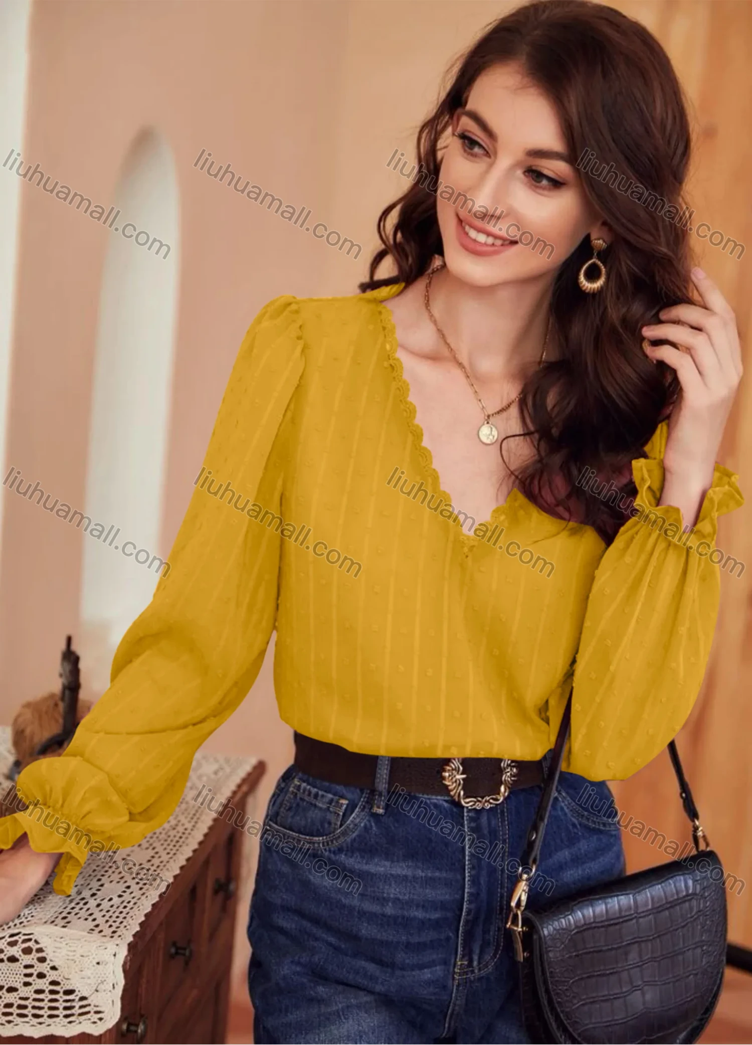 Wholesale Women's Casual Plain V Neck Long Sleeve Blouse - Liuhuamall